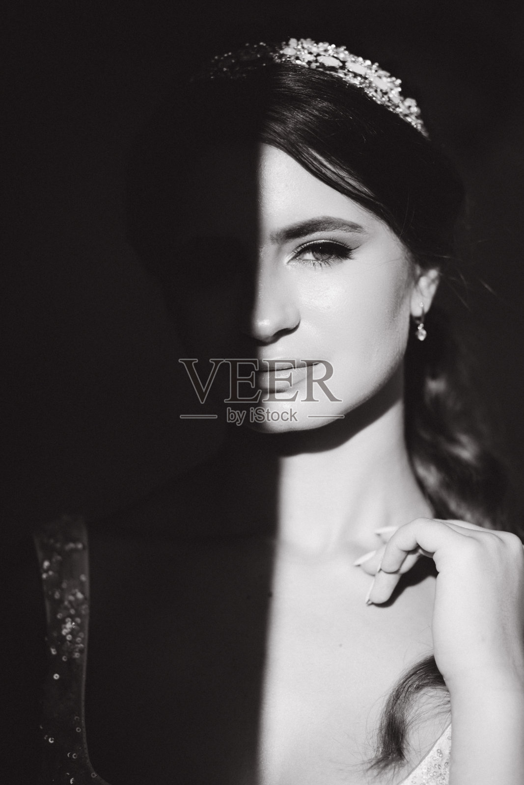 华丽的模特黑白照片。阴影中的脸照片摄影图片