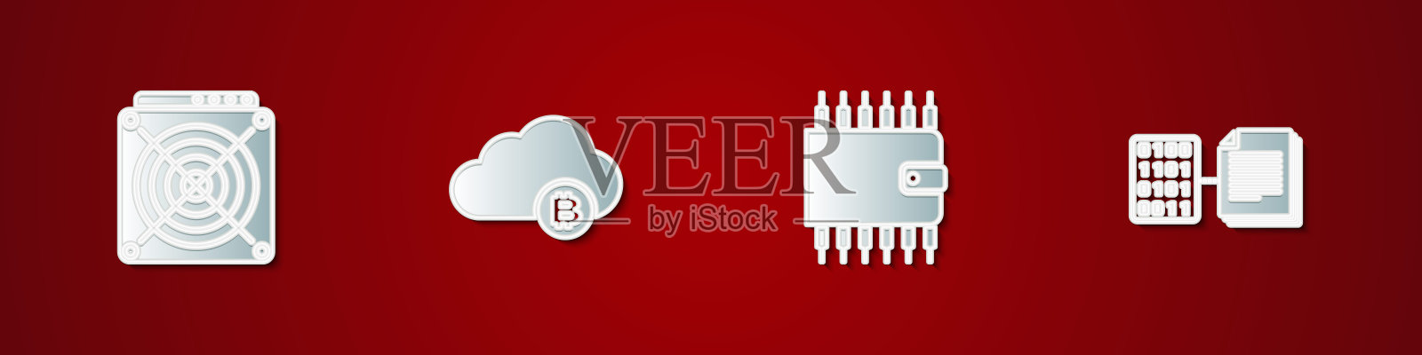 设置ASIC矿机，加密货币云挖矿，钱包和智能合约图标。向量插画图片素材