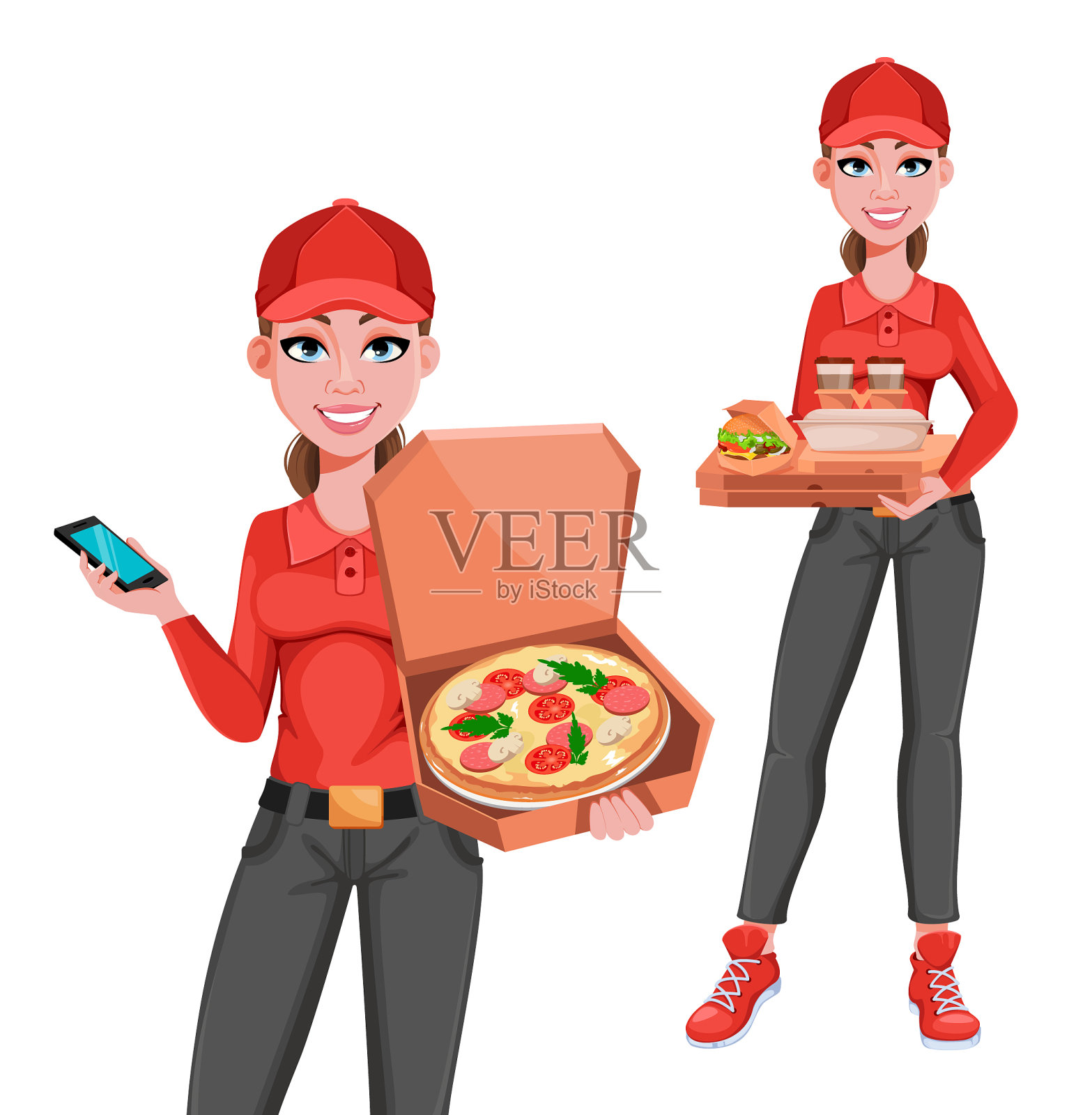 快递女带着食物摆出两种姿势插画图片素材