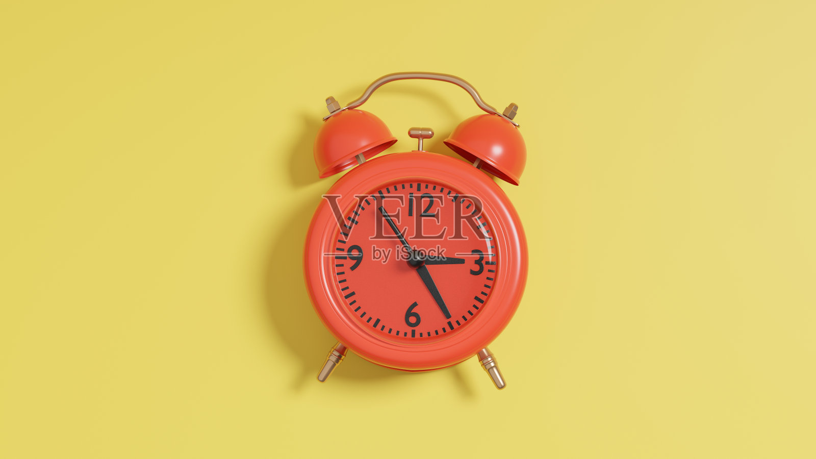 黄色背景上的红色闹钟。3 d渲染。照片摄影图片
