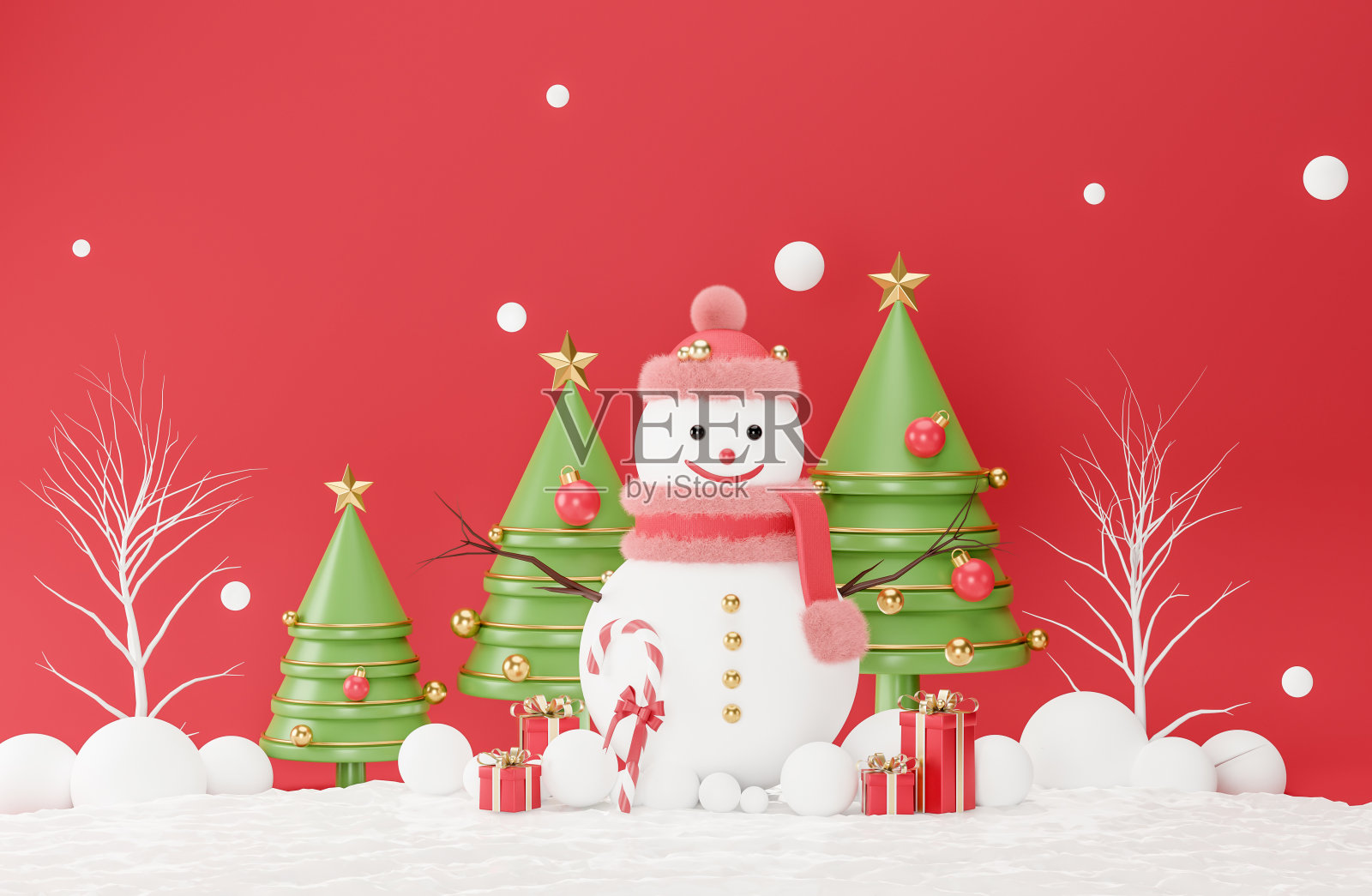 美丽的雪人装饰了礼盒，圣诞树，糖果鹤，橱窗背景，3d渲染。照片摄影图片