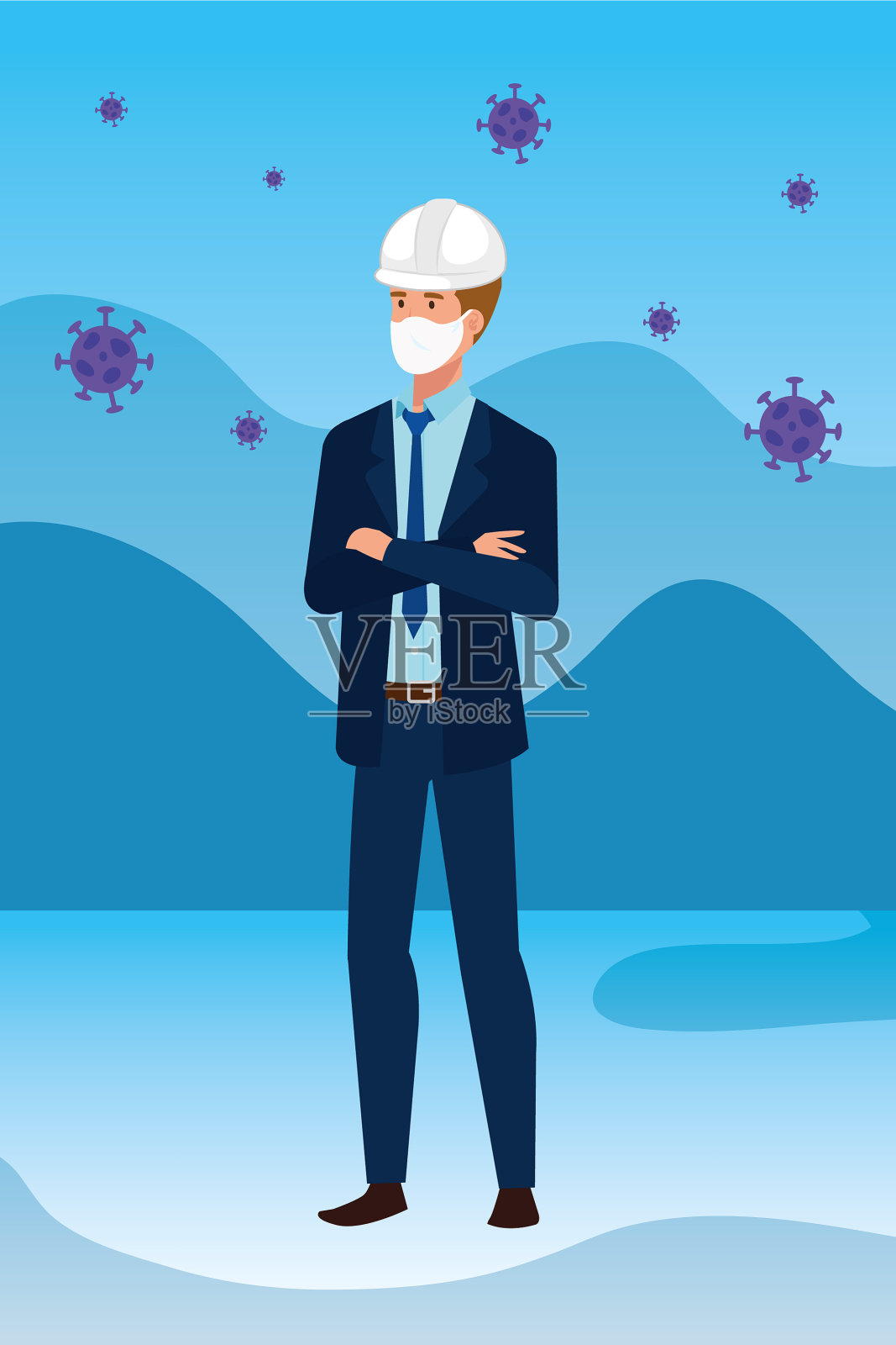 使用面罩应对新冠肺炎的工程人员插画图片素材