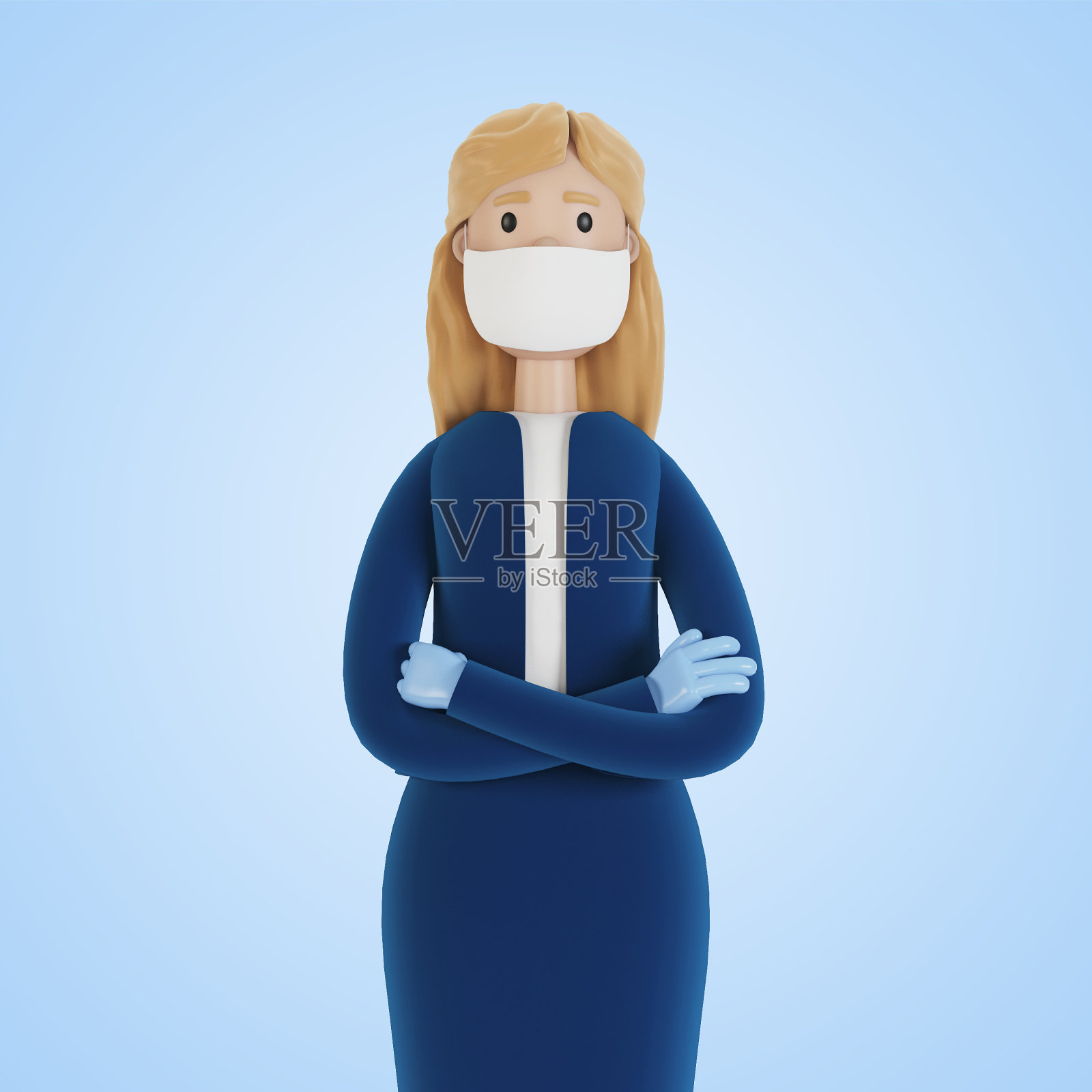 戴着口罩和手套的女秘书。一个卡通人物的3D插图。照片摄影图片