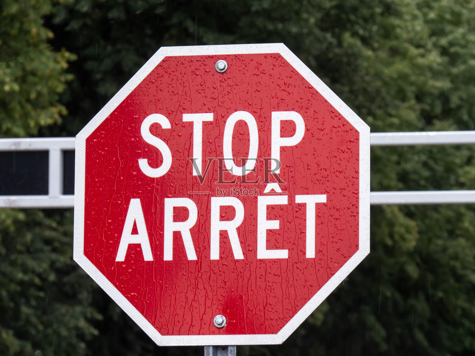 大门上的双语英语和法语停车标志照片摄影图片