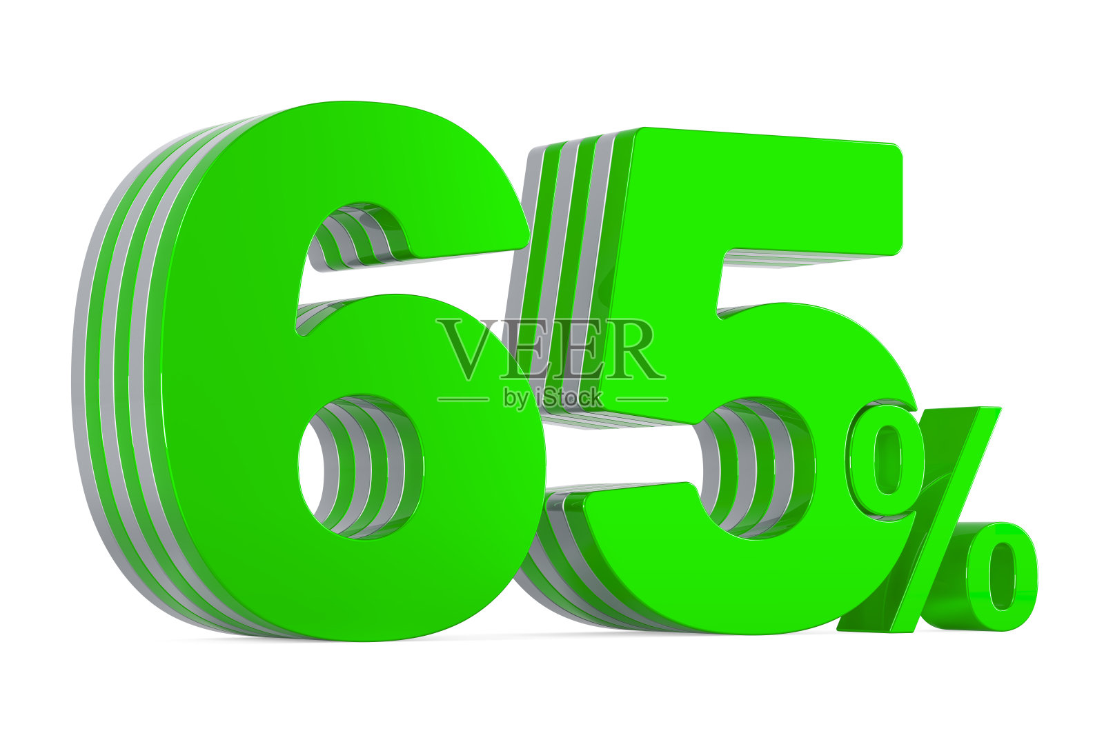 绿色65%，折扣概念。3D渲染孤立的白色背景照片摄影图片
