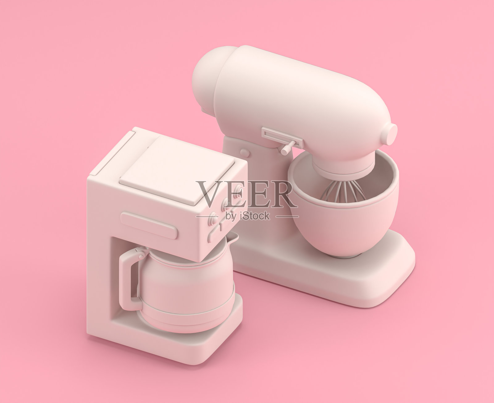 等距搅拌机和咖啡机，3d图标在平面颜色的粉红色房间，单色白色，3d渲染照片摄影图片
