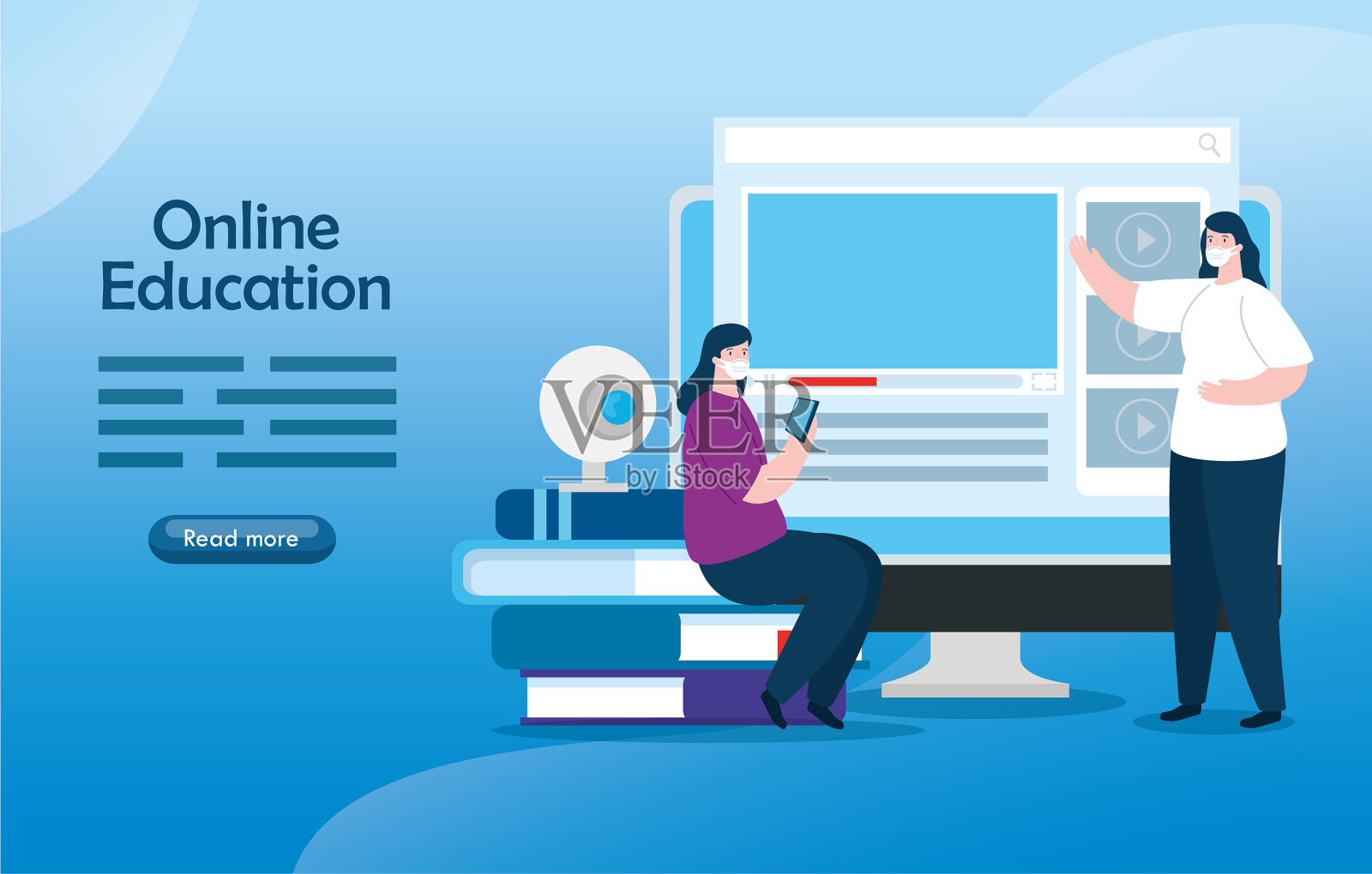 女性在线教育与电脑插画图片素材