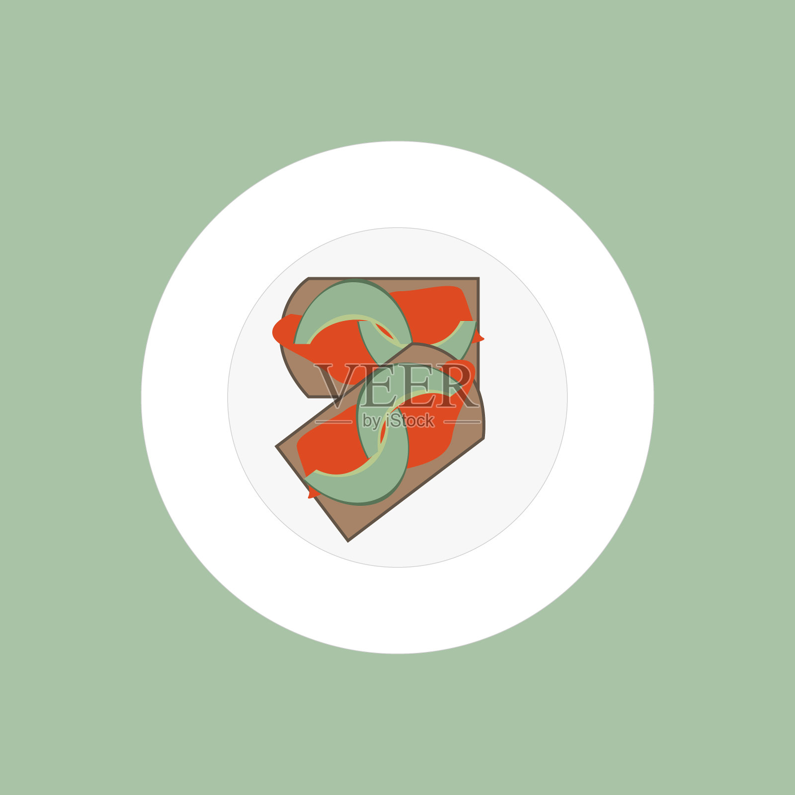 早餐一盘烤面包、三文鱼和鳄梨。平的插图插画图片素材