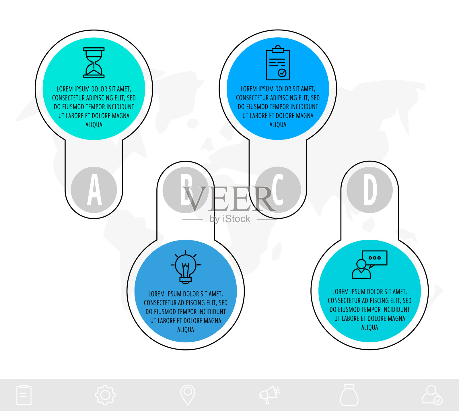 信息图圈4步，图标。平面直线矢量模板。可用于四个业务，网页，横幅，工作流布局，流程图，信息图，时间线插画图片素材