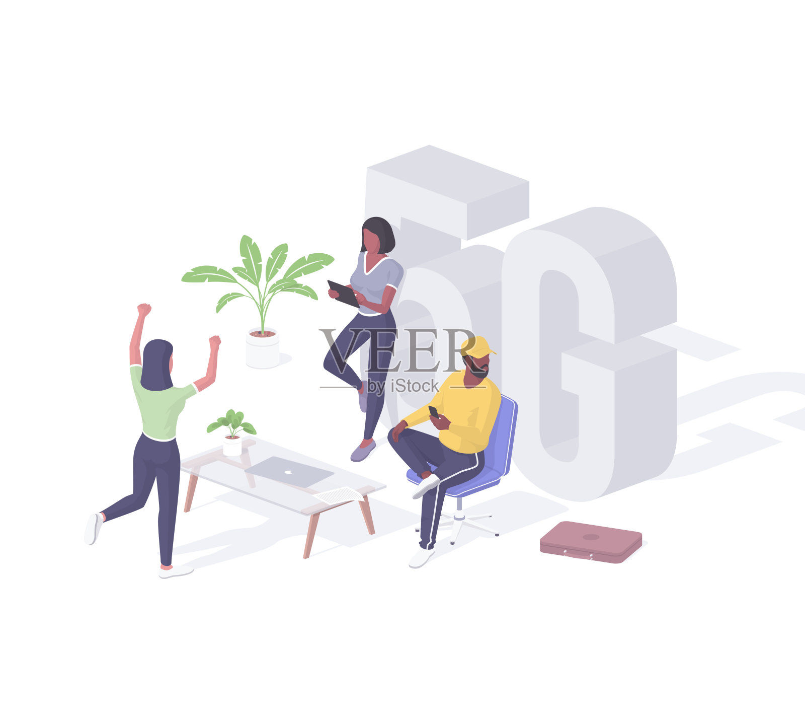 人们在线连接网络5d等距概念。女性角色愉快地在平板电脑上测试网速。插画图片素材