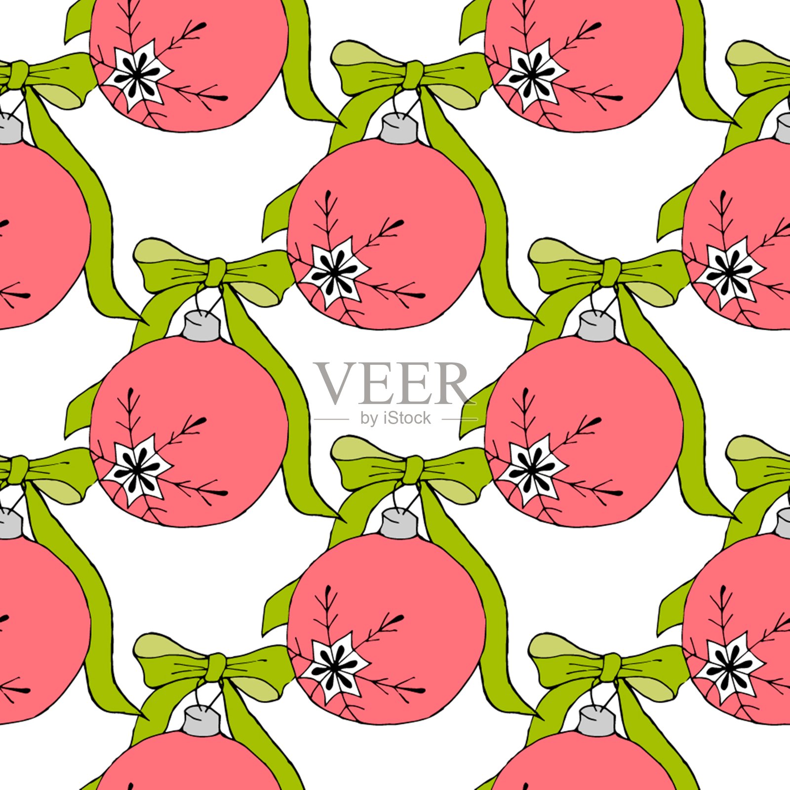 圣诞水彩无缝图案与圣诞玩具，礼物和雪花。完美的壁纸，包装纸，图案填充，冬季问候，网页背景。单独的插图。白色的孤立的背景插画图片素材