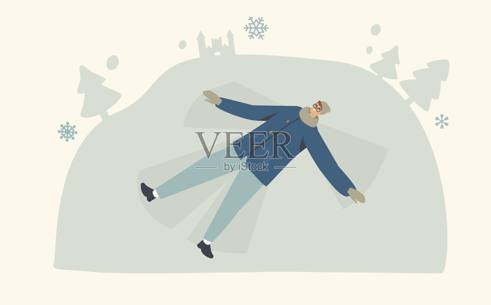 快乐的年轻微笑的男人性格躺在白雪覆盖的地面上，使雪天使展开胳膊和腿，玩得很开心插画图片素材