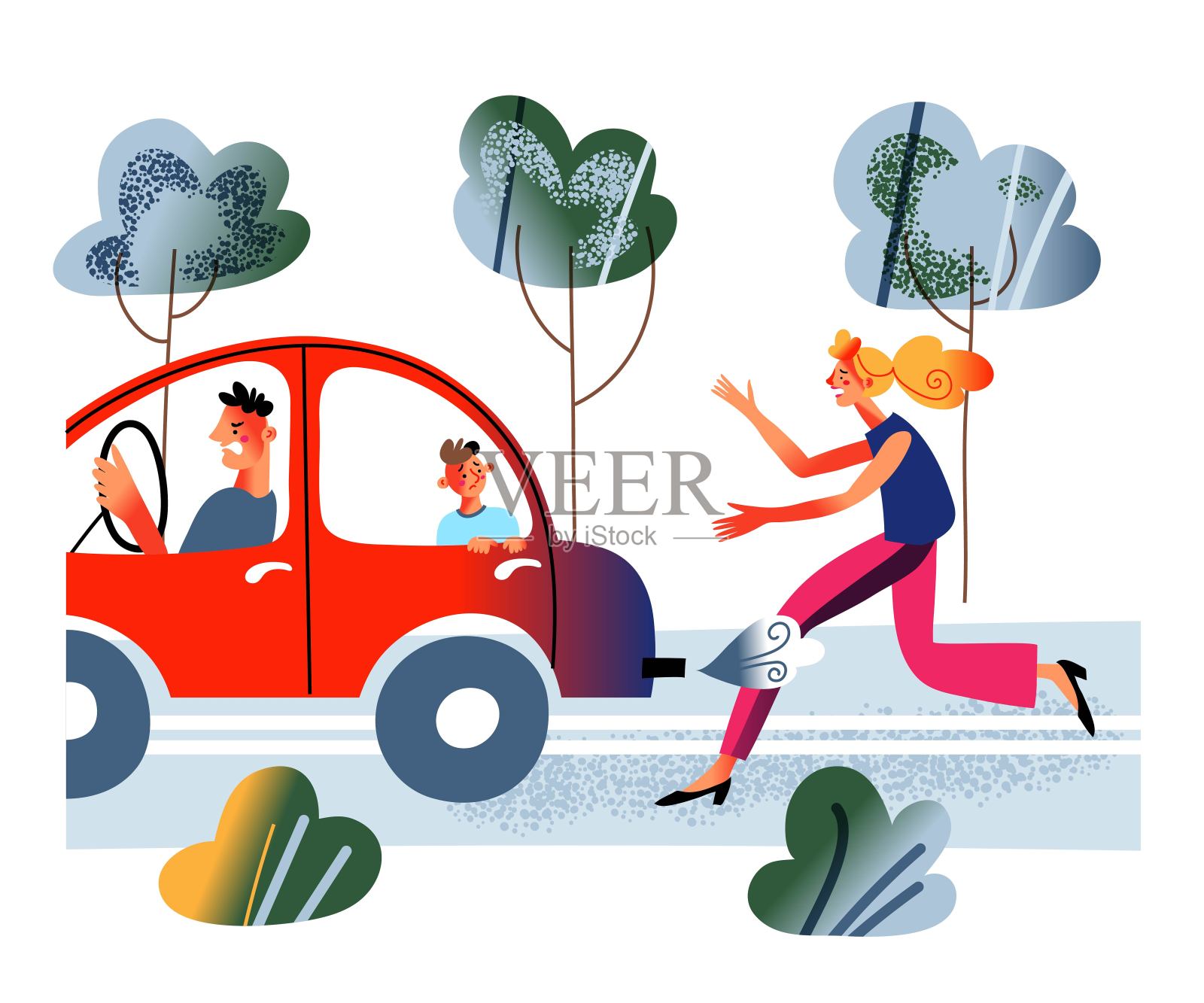 与妻子发生冲突后，愤怒的男人带着儿子开车离开。女人和男人吵架，父亲开车离开，伤心的孩子受苦，妻子哭泣。不幸的婚姻矢量插图。国内的纷争插画图片素材