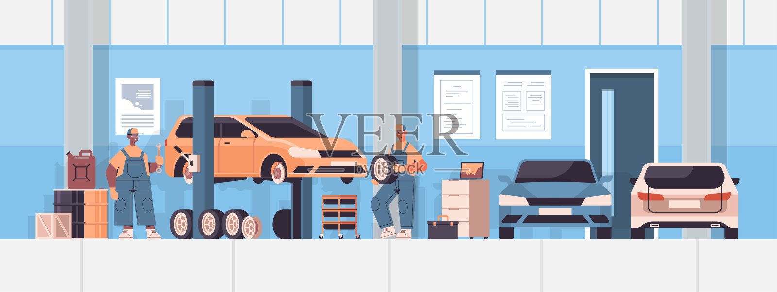 混合赛车机械师的工作和修理车辆，汽车服务，汽车维修和检查概念插画图片素材