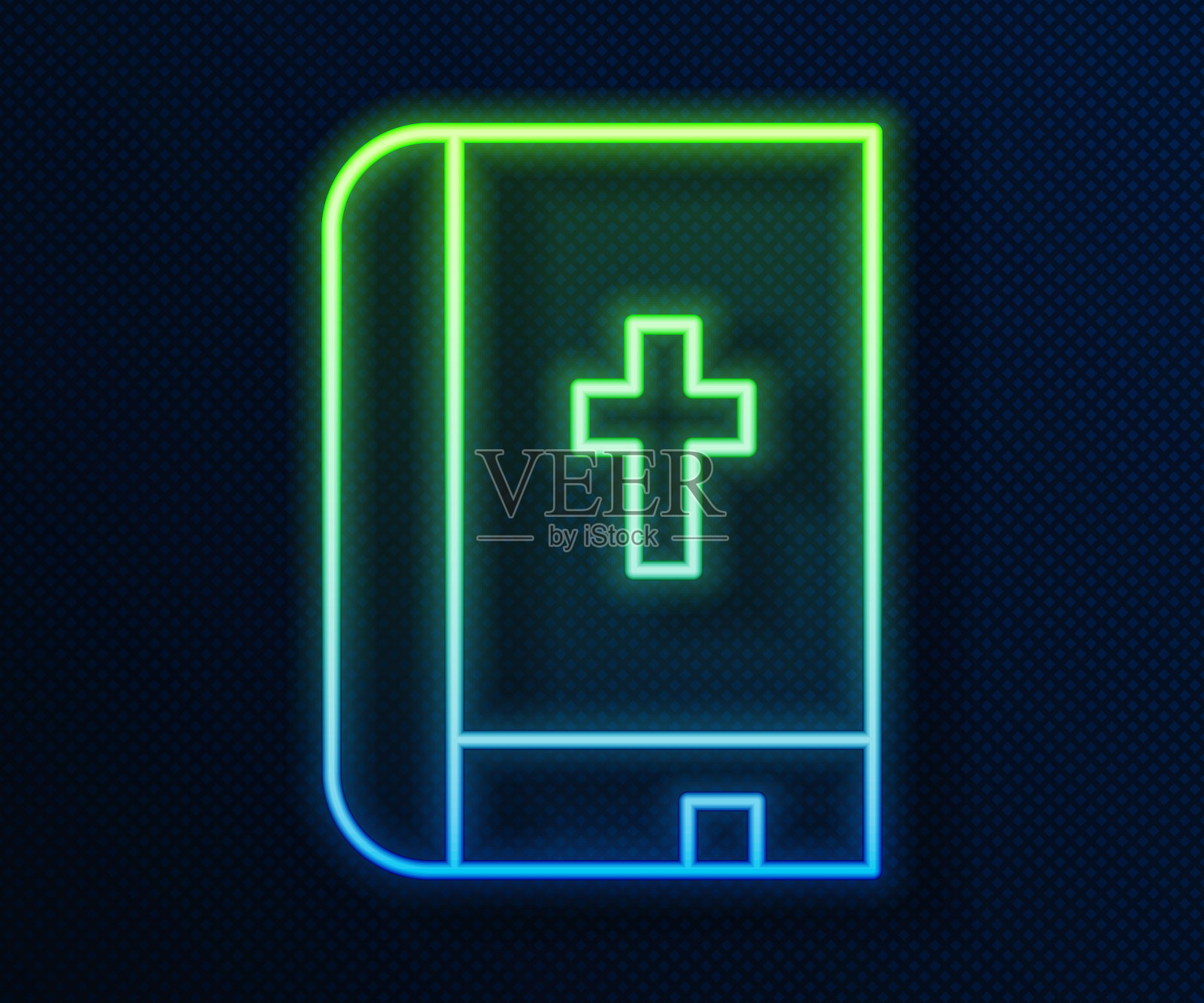 发光的霓虹灯线圣洁的圣经书图标孤立在蓝色的背景。向量插画图片素材