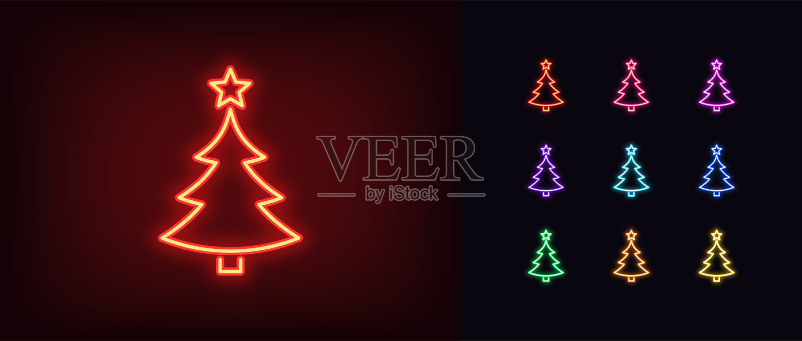霓虹圣诞树与星星，发光的图标。霓虹新年树剪影，圣诞树轮廓插画图片素材