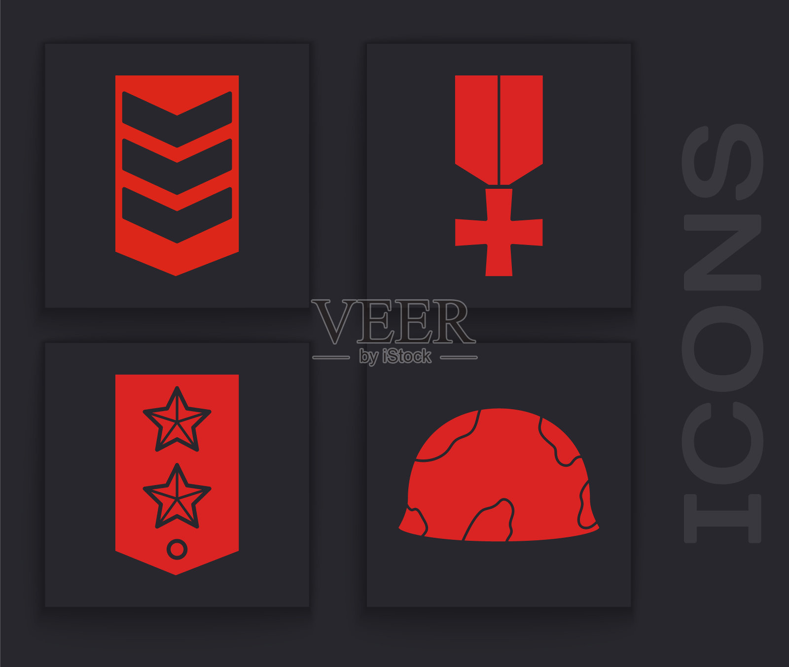 设置军事头盔，军衔，军事奖励奖章和Chevron图标。向量图标素材