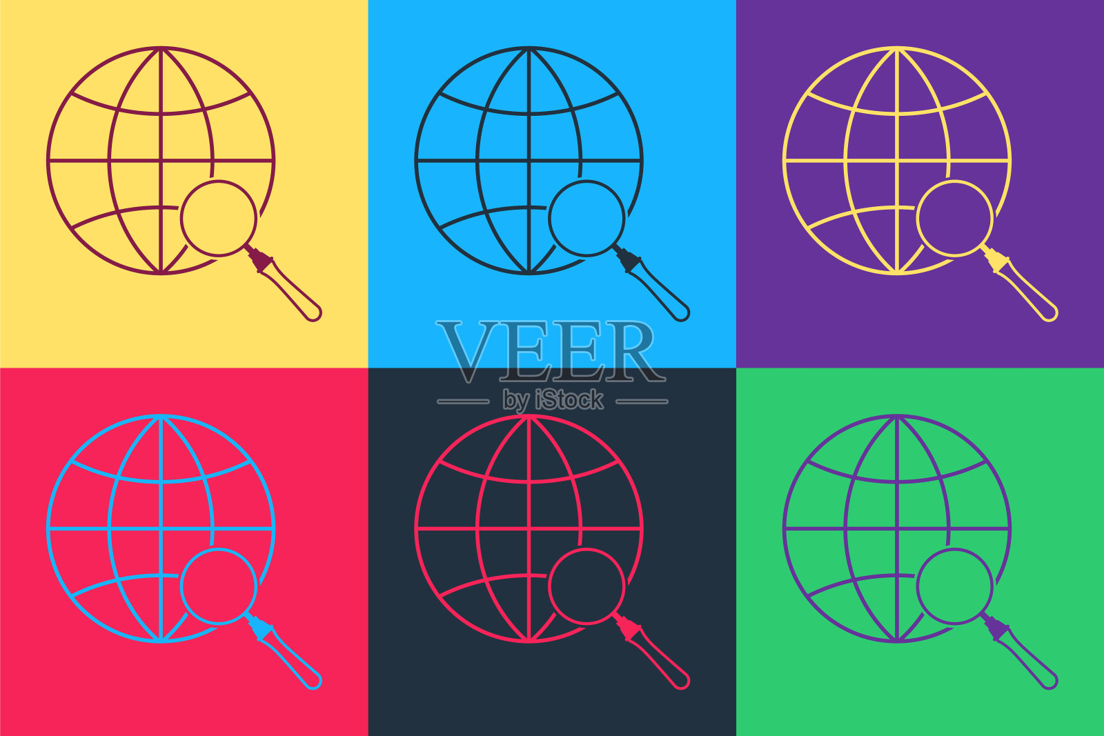 波普艺术放大镜与地球图标孤立的颜色背景。分析世界。全局搜索标志。向量插画图片素材