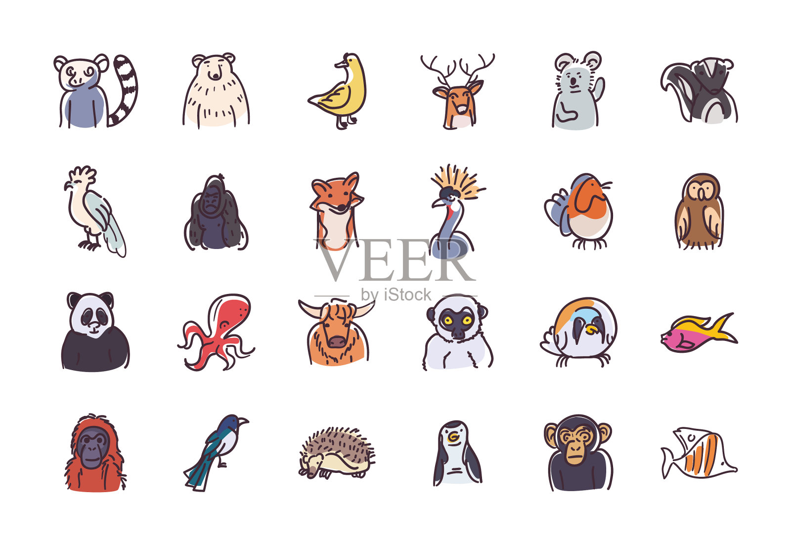 动物平面风格图标集设计插画图片素材