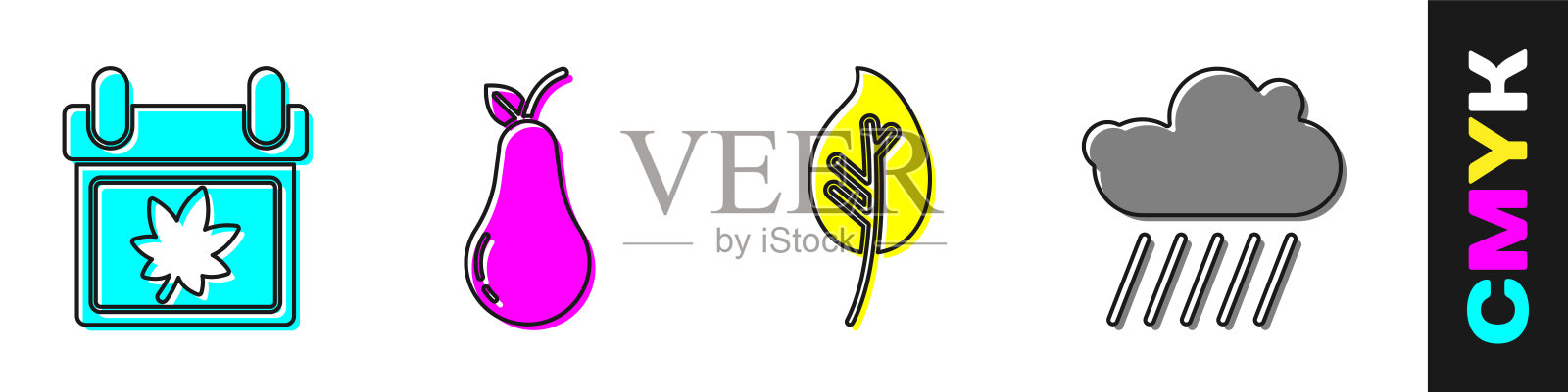 设置日历与秋叶，梨，叶或叶和云与雨的图标。向量插画图片素材