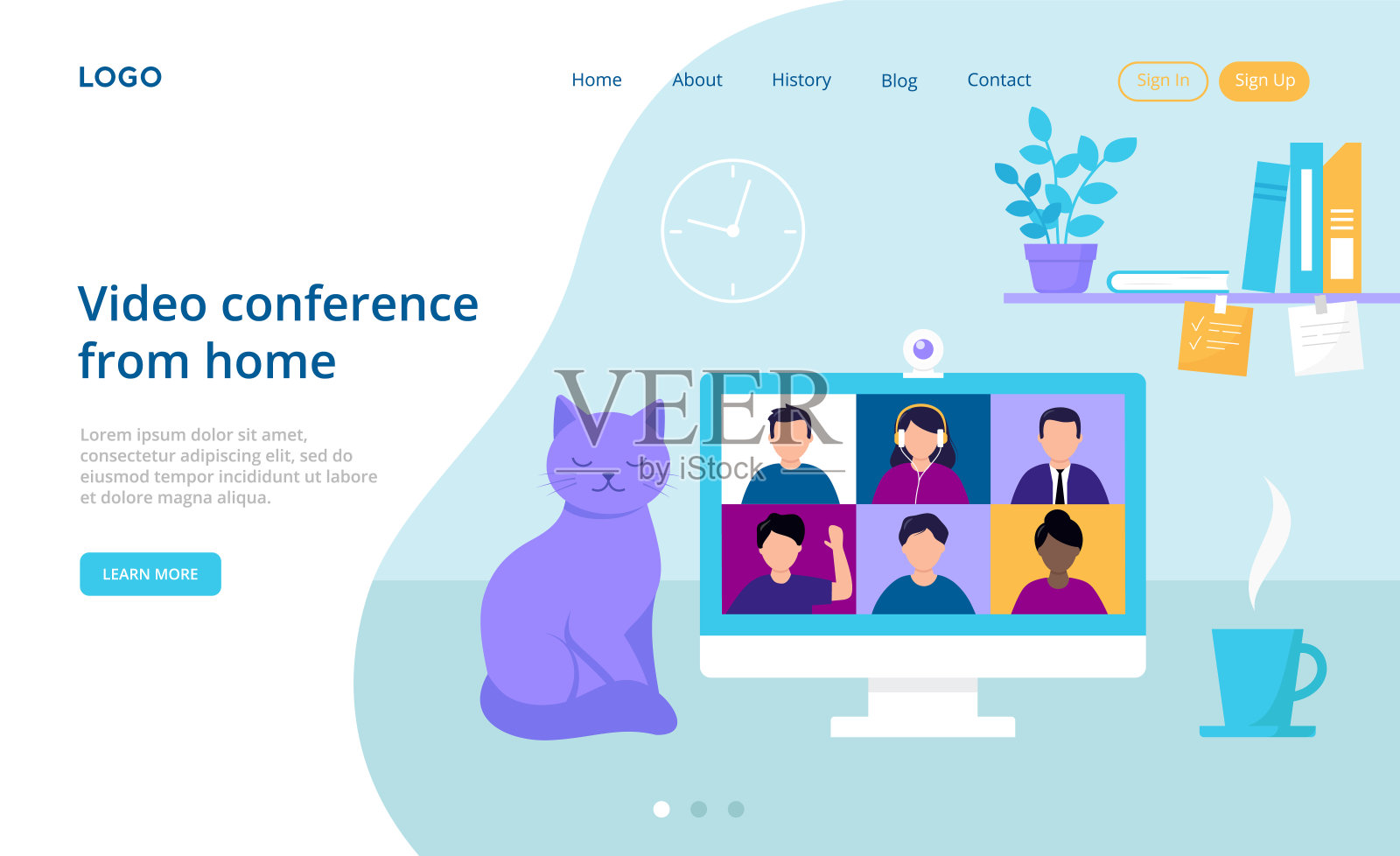 在线交流，家庭视频会议概念。视频会议和在线会议，虚拟工作或沟通从家里，视频电话给朋友。卡通平面风格矢量插图插画图片素材