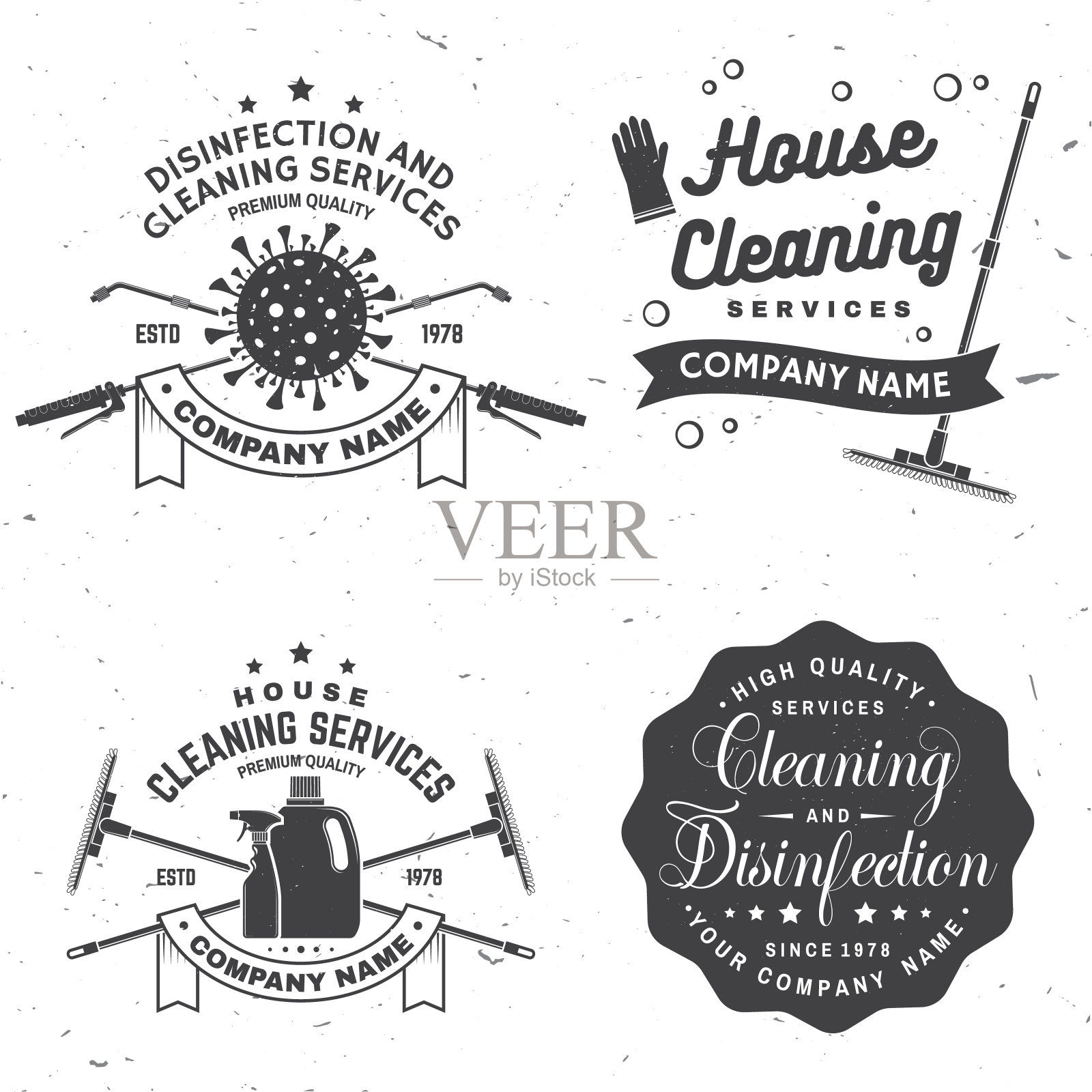 套消毒清洁服务徽章、徽标、会徽。为专业的病媒消毒清洗公司。老式印刷设计与消毒剂和清洁设备插画图片素材
