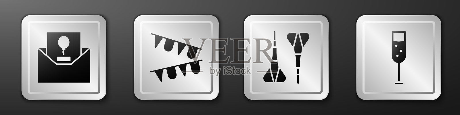 设置邀请，狂欢节花环与旗帜，飞镖箭头和香槟杯图标。银广场按钮。向量图标素材