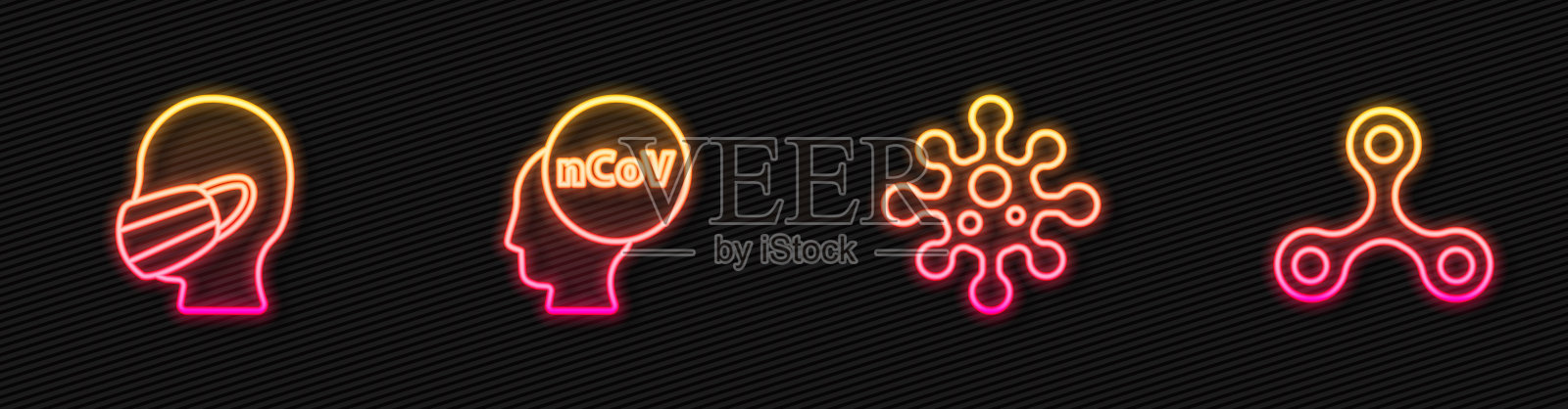 设线病毒、戴医用防护口罩、冠状病毒2019-nCoV和。发光的霓虹灯图标。向量插画图片素材