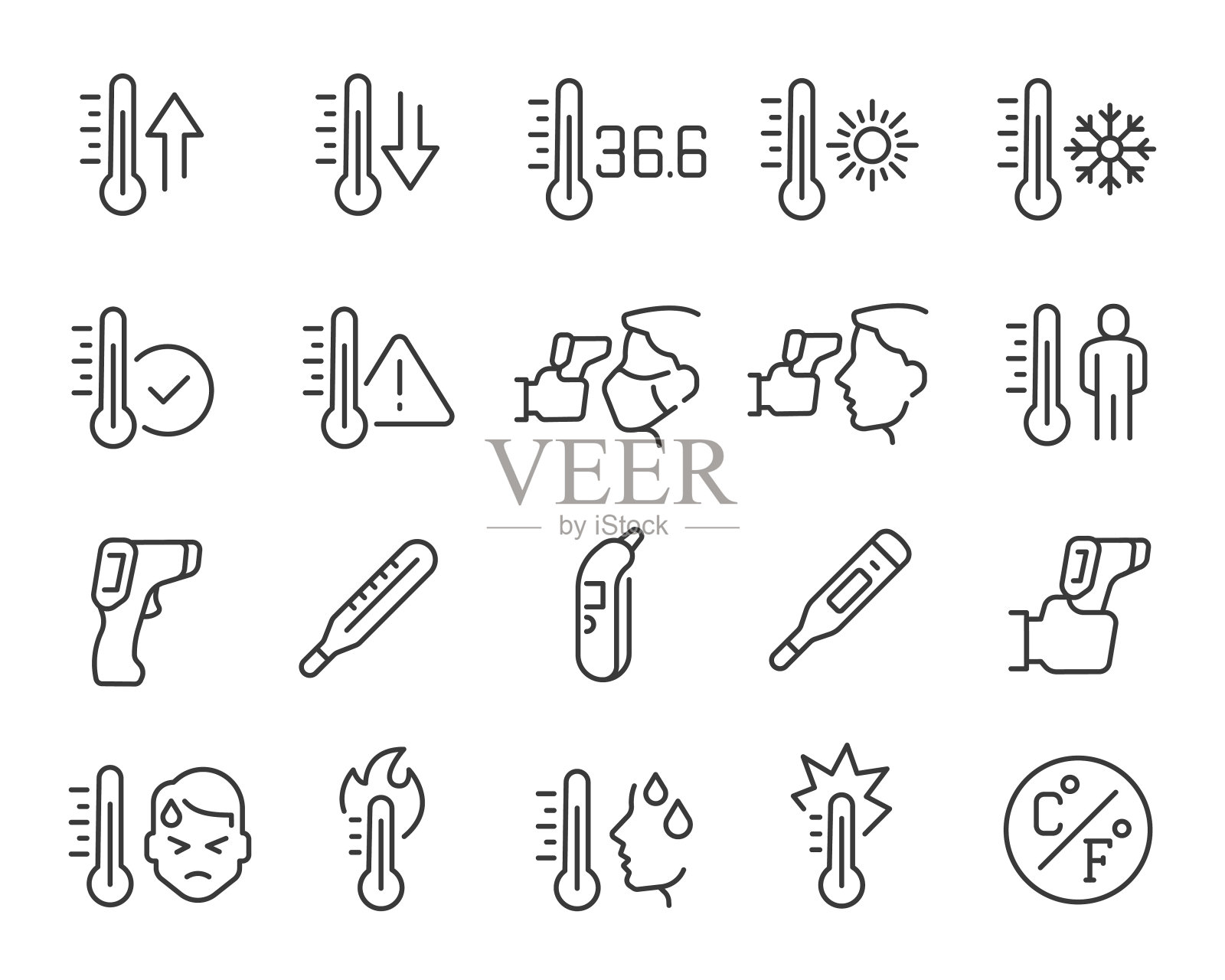温度图标设置。收集线性简单的网页图标，如温度计和高温计等。可编辑矢量描边图标素材