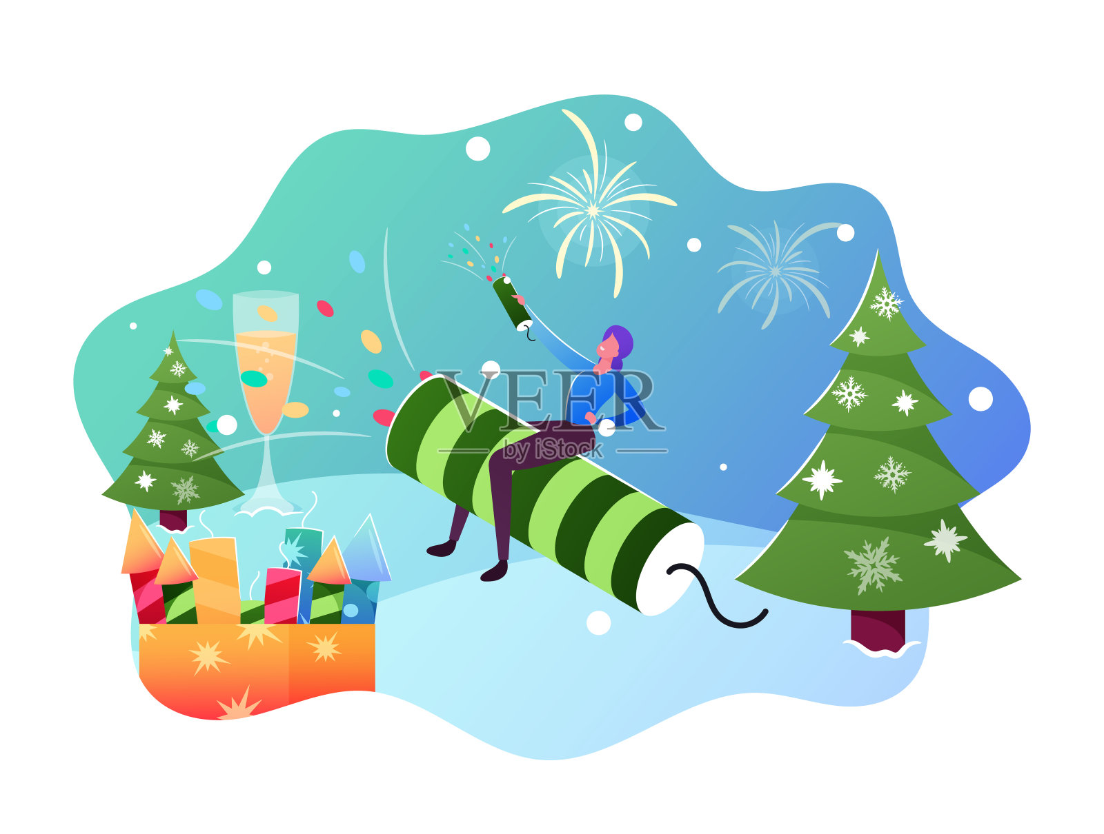 在圣诞节或新年庆祝活动中燃放烟花插画图片素材