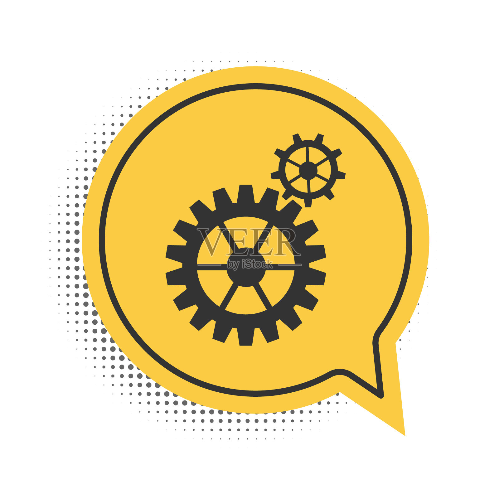 黑色齿轮图标孤立在白色背景。齿轮齿轮设置标志。齿轮的象征。黄色语音气泡符号。向量图标素材