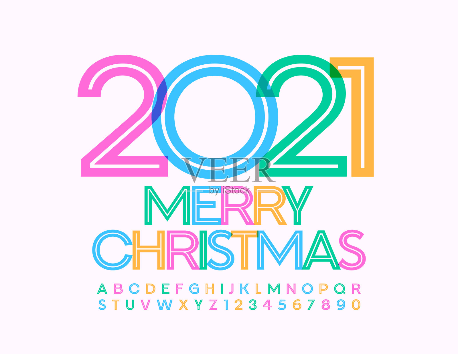 矢量创意贺卡圣诞快乐2021年!明亮的字母和数字集插画图片素材