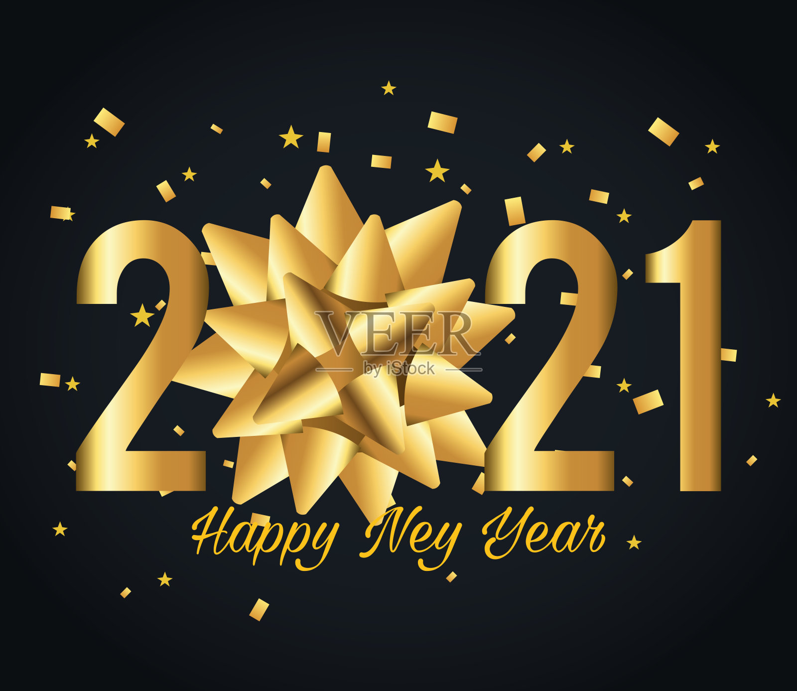 2021年新年快乐，金色礼物弓和五彩纸屑矢量设计插画图片素材