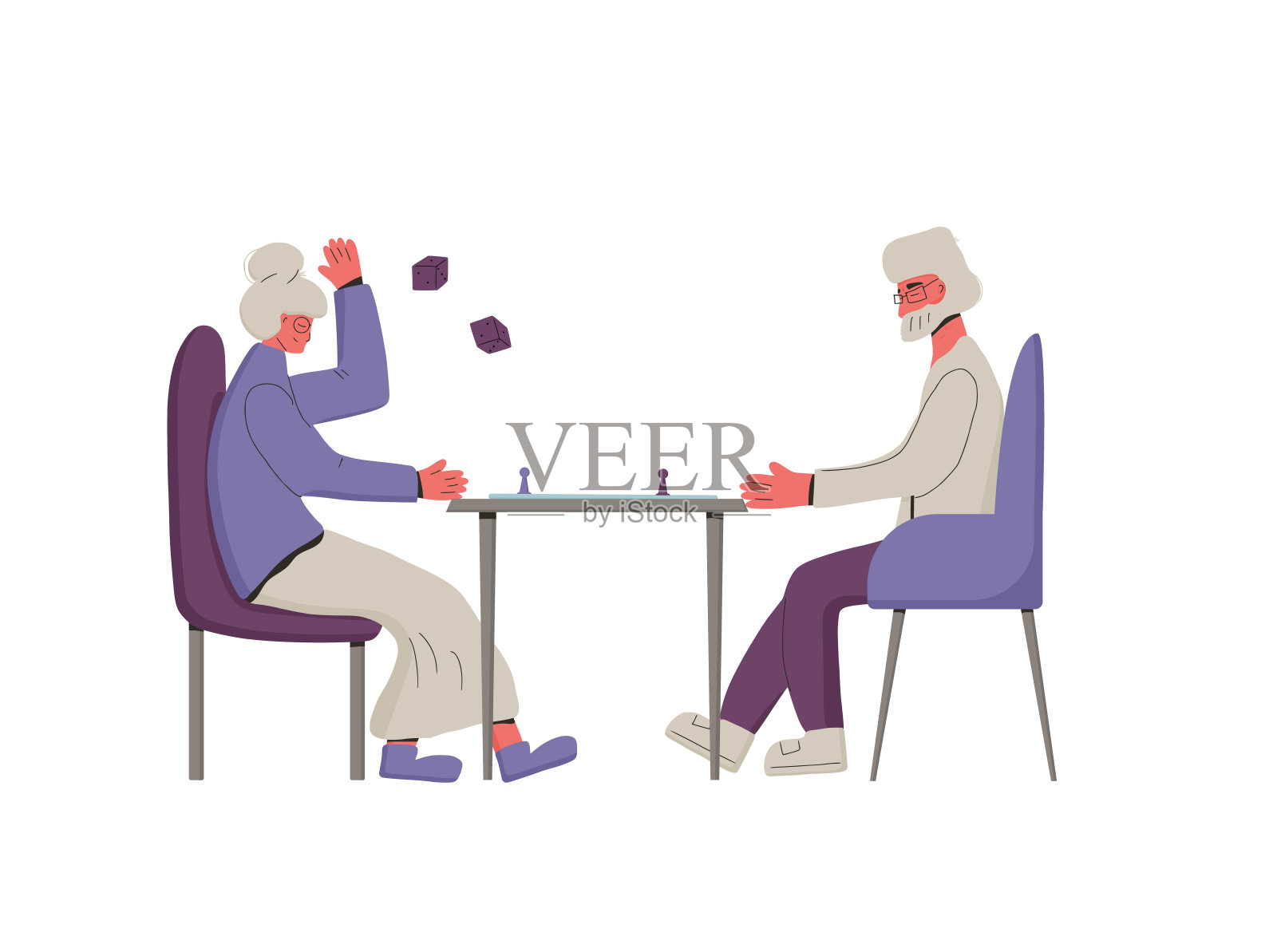 寄宿的游戏。老年人花时间在一起。成熟的男人和成熟的女人在玩桌上游戏。居家旅游的朋友。矢量插图。插画图片素材