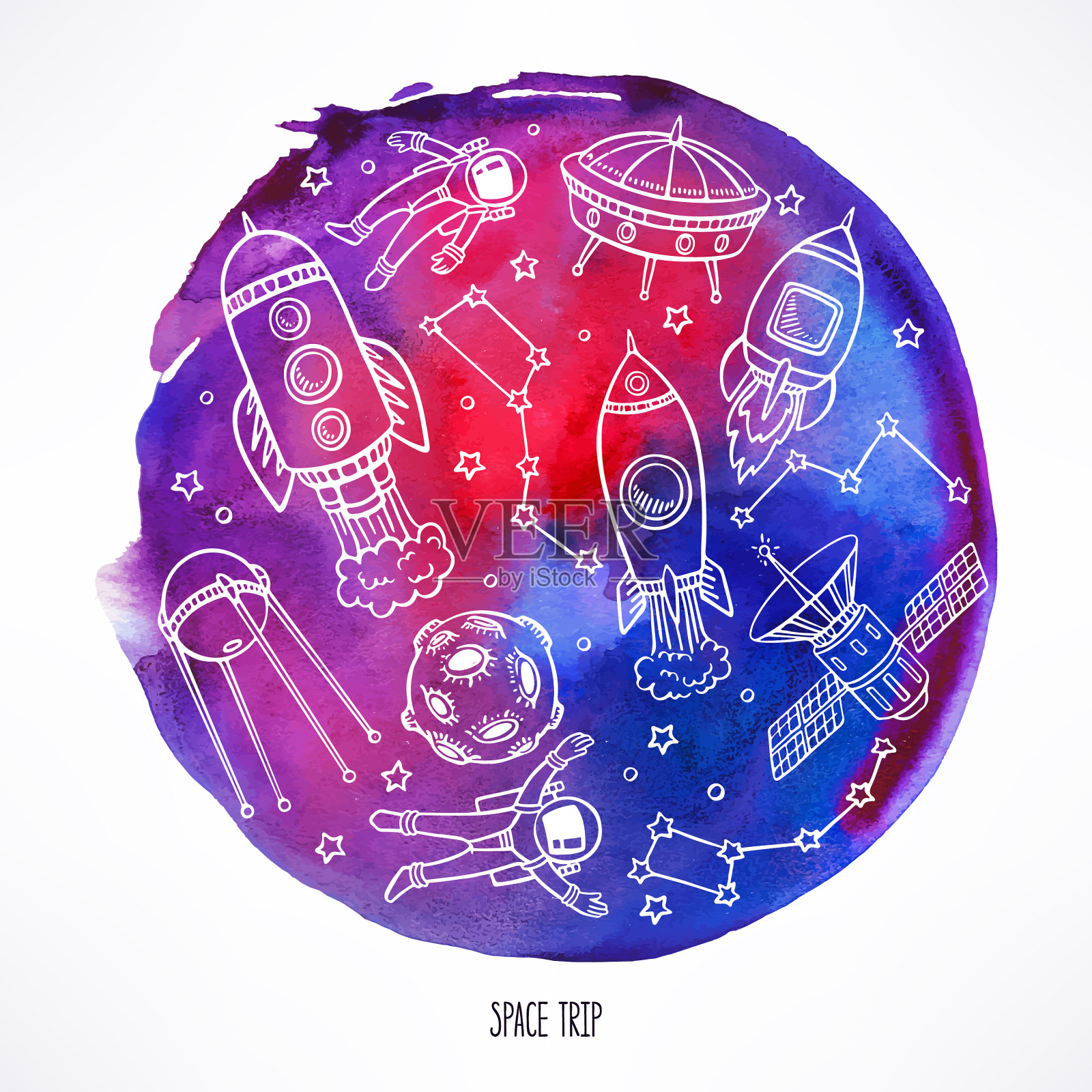 水彩背景上的火箭插画图片素材