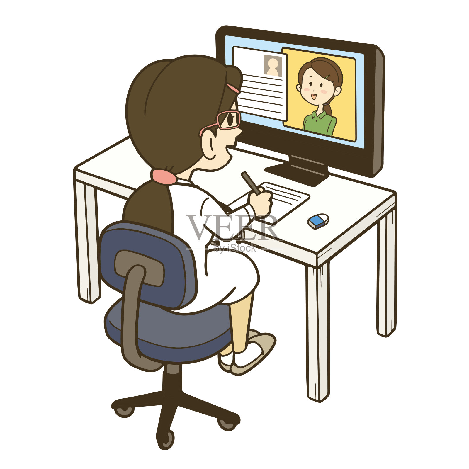 一名女医生使用电脑进行远程治疗的插图。插画图片素材