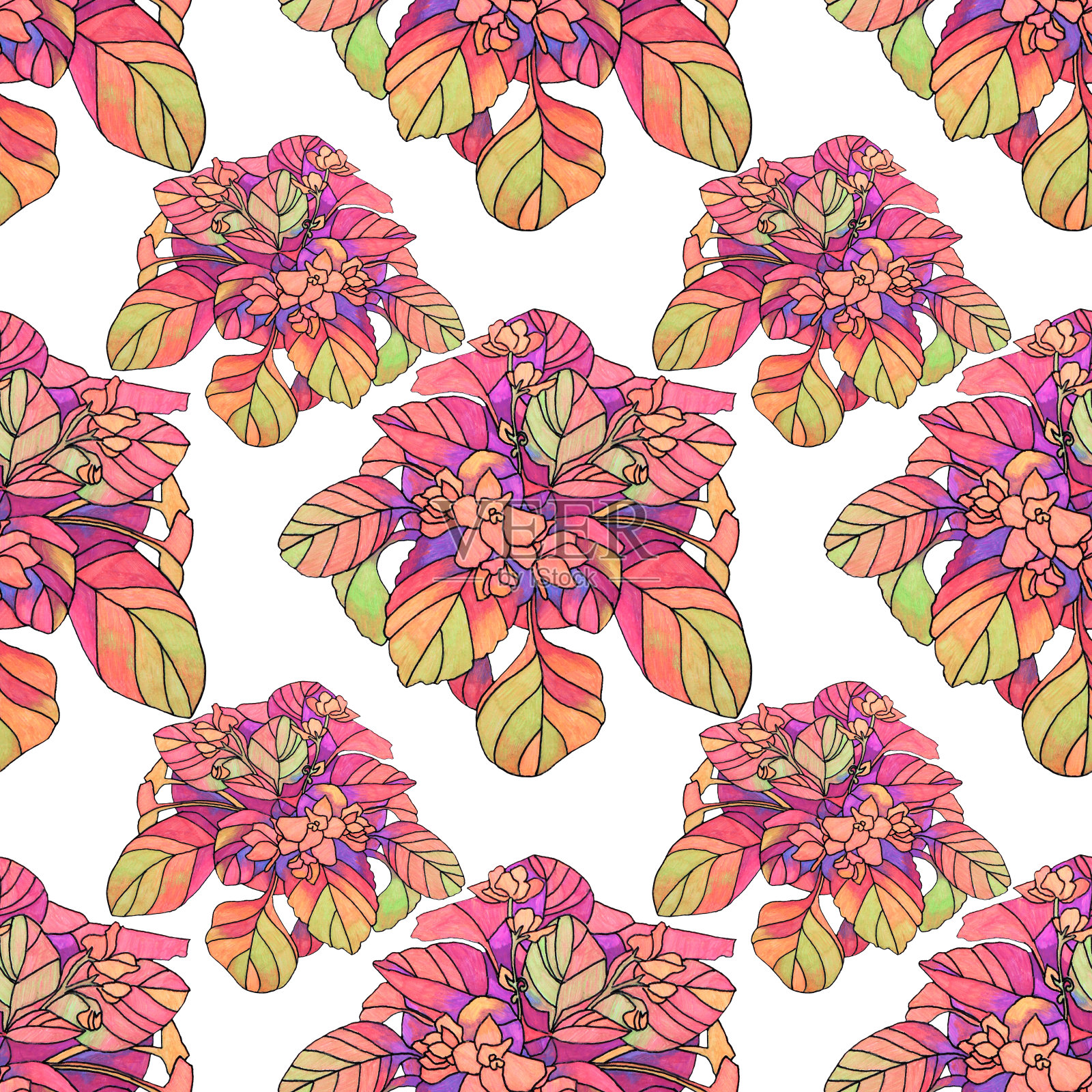 无缝图案紫罗兰抽象花在盆中白色。室内种植室内植物。艺术创意手绘背景花店，海报，墙纸，包装，明信片，笔记本，婚礼插画图片素材