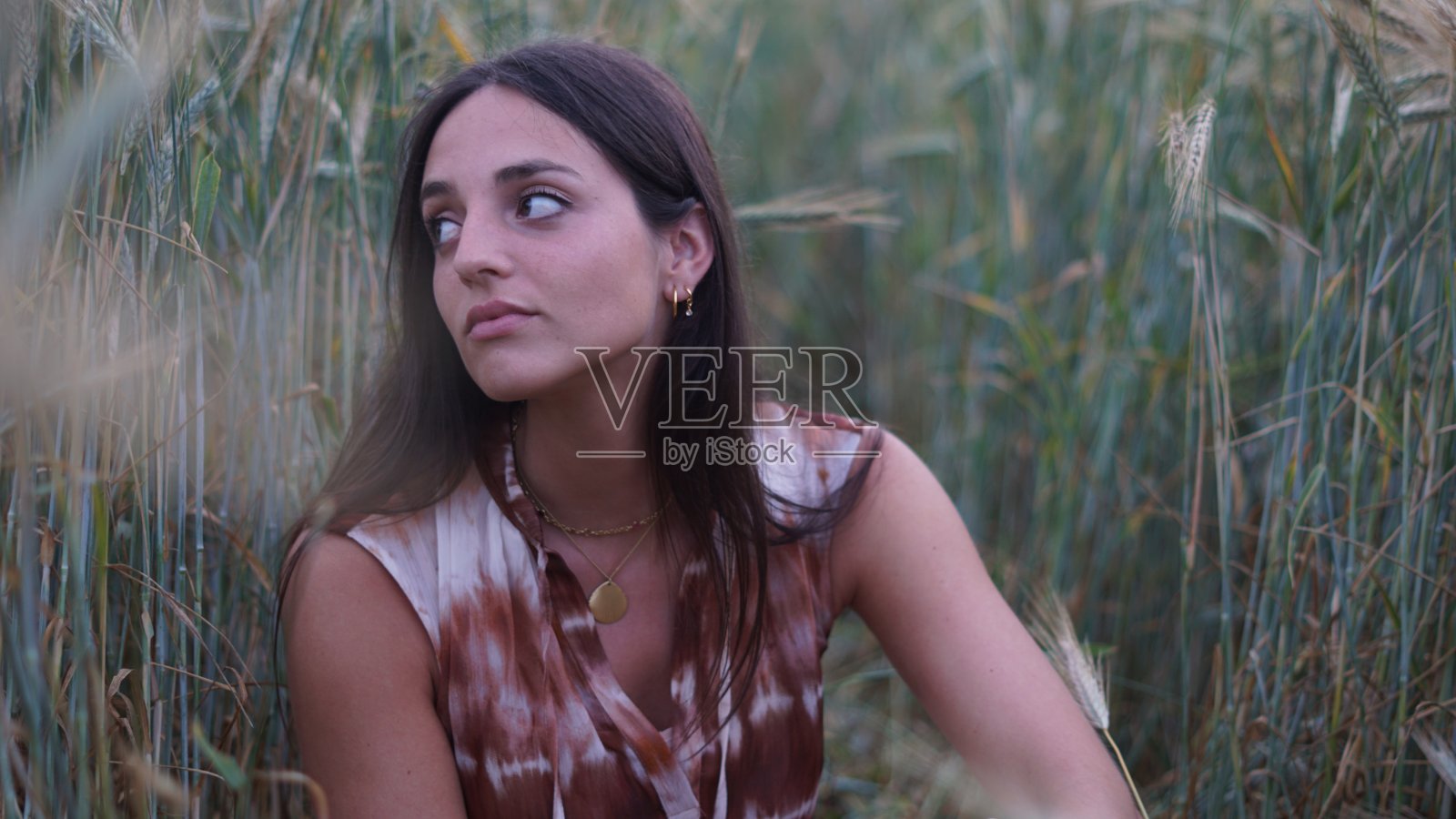 年轻的女孩坐在麦田里照片摄影图片