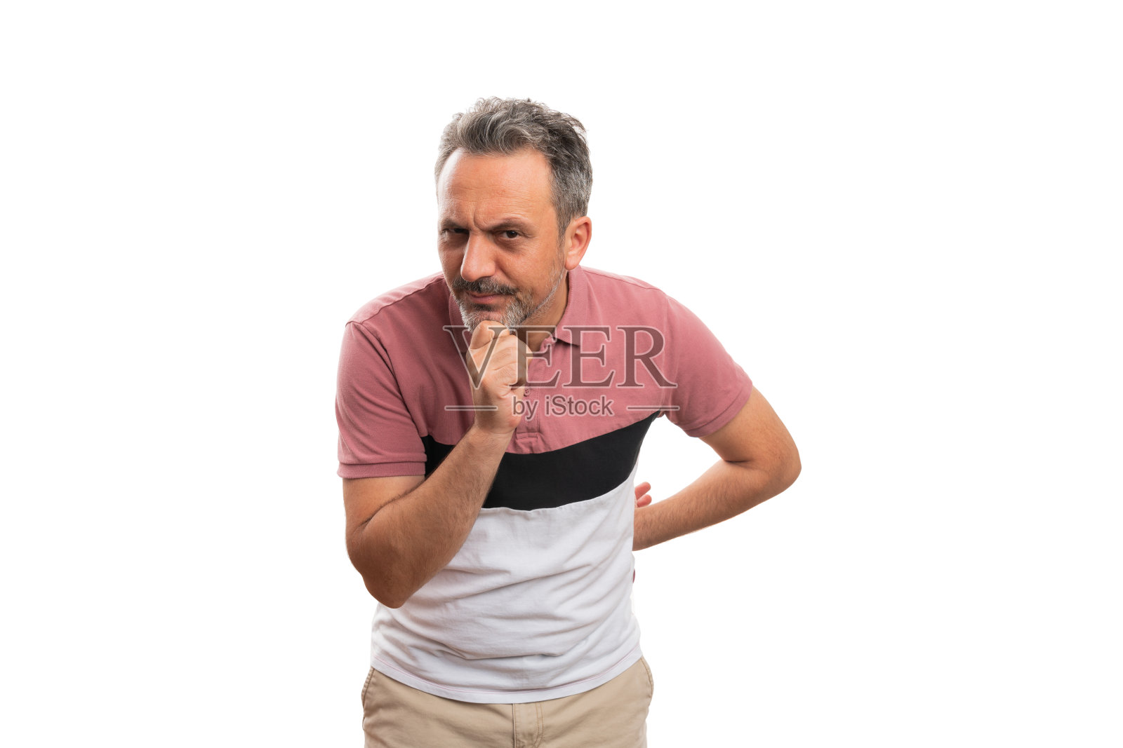 男人想用手摸着下巴和空白的空格照片摄影图片