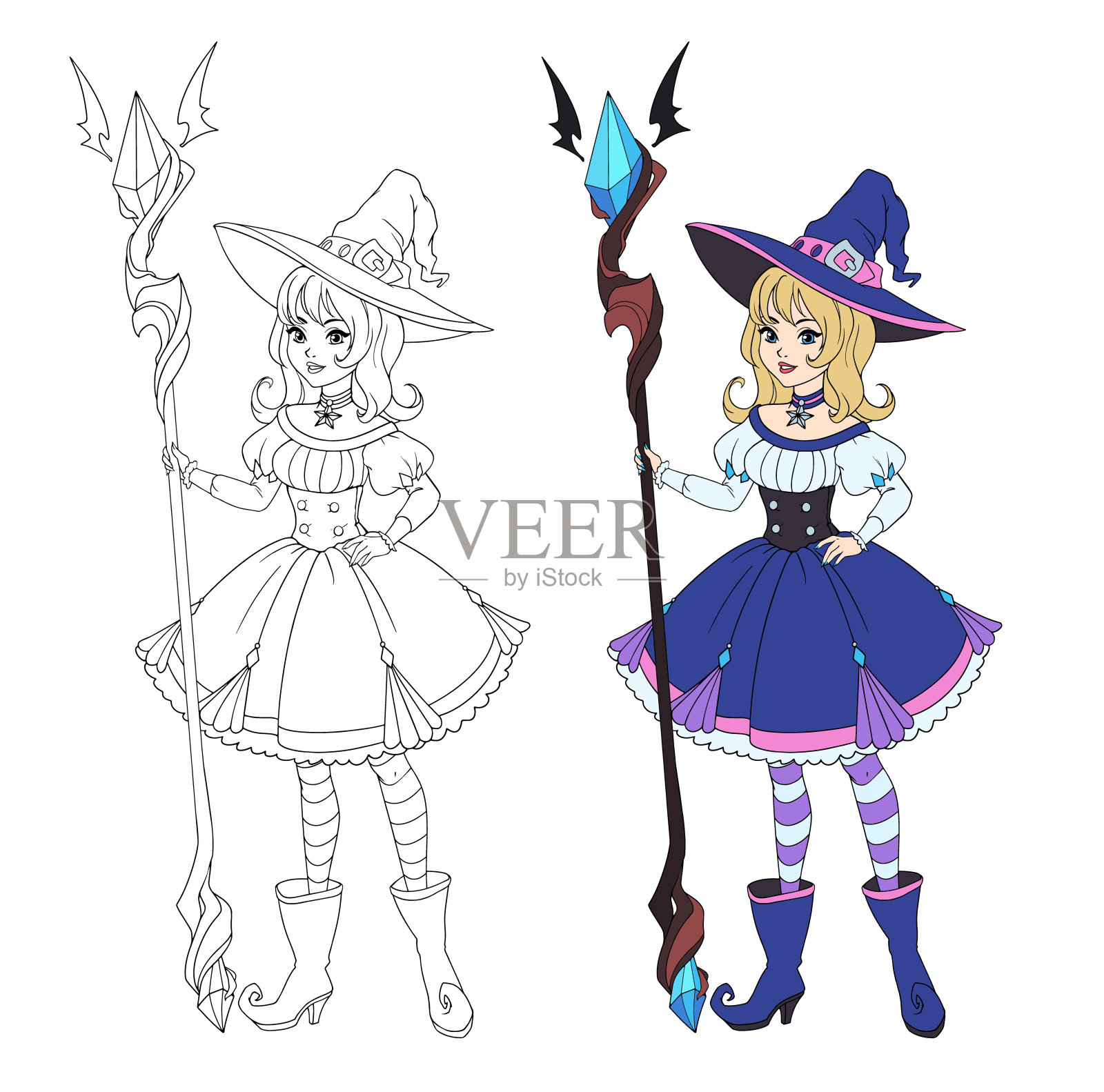 美丽的卡通女巫拿着大魔杖。金发，蓝裙子，戴大帽子。手绘矢量插图着色书。隔离在白色上插画图片素材