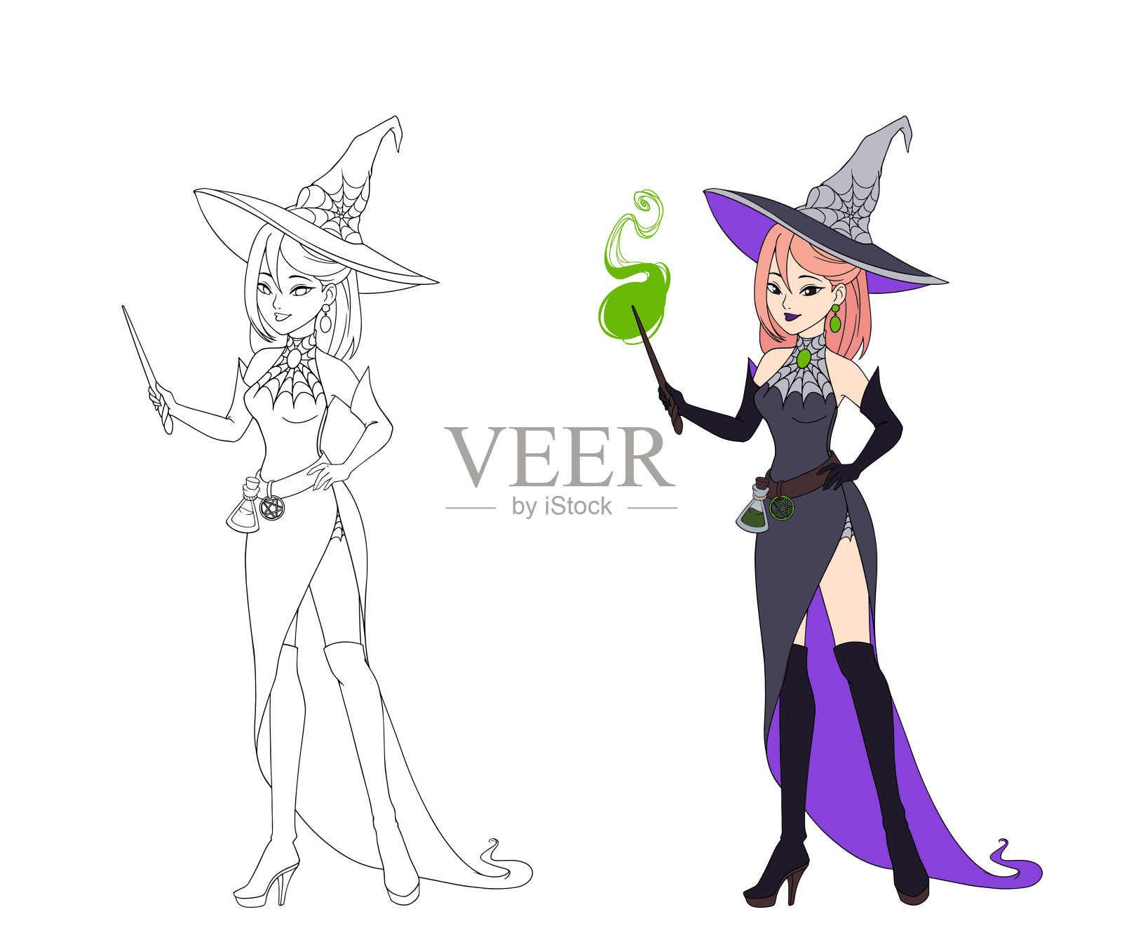 美丽的动漫女巫拿着魔杖。红头发，紫罗兰色的衣服和大帽子。手绘矢量插图着色书。孤立在白色插画图片素材