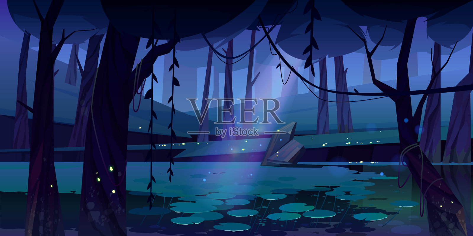 景观沼泽在夜森林插画图片素材