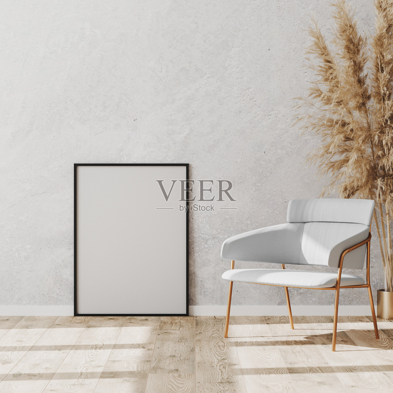 空白的黑色海报和画框在镶木地板上，旁边是豪华的白色和金色的椅子和潘帕斯草花瓶，白色装饰石膏墙，3d渲染照片摄影图片