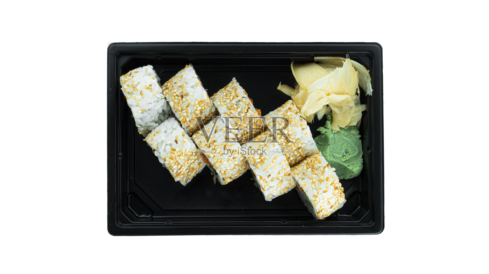 白色背景上的寿司卷。从上面看。数独卷。日本料理照片摄影图片