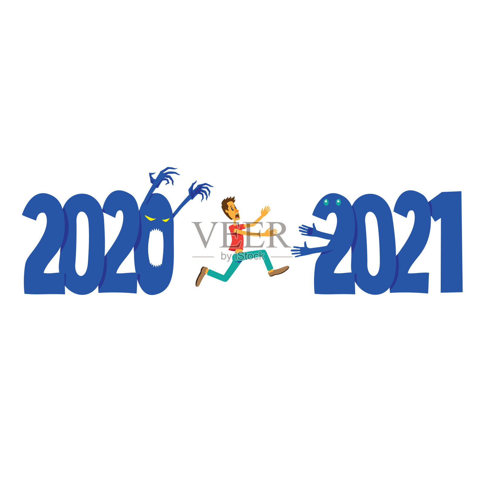 害怕的人从2020年逃到2021年。新年概念。插画图片素材