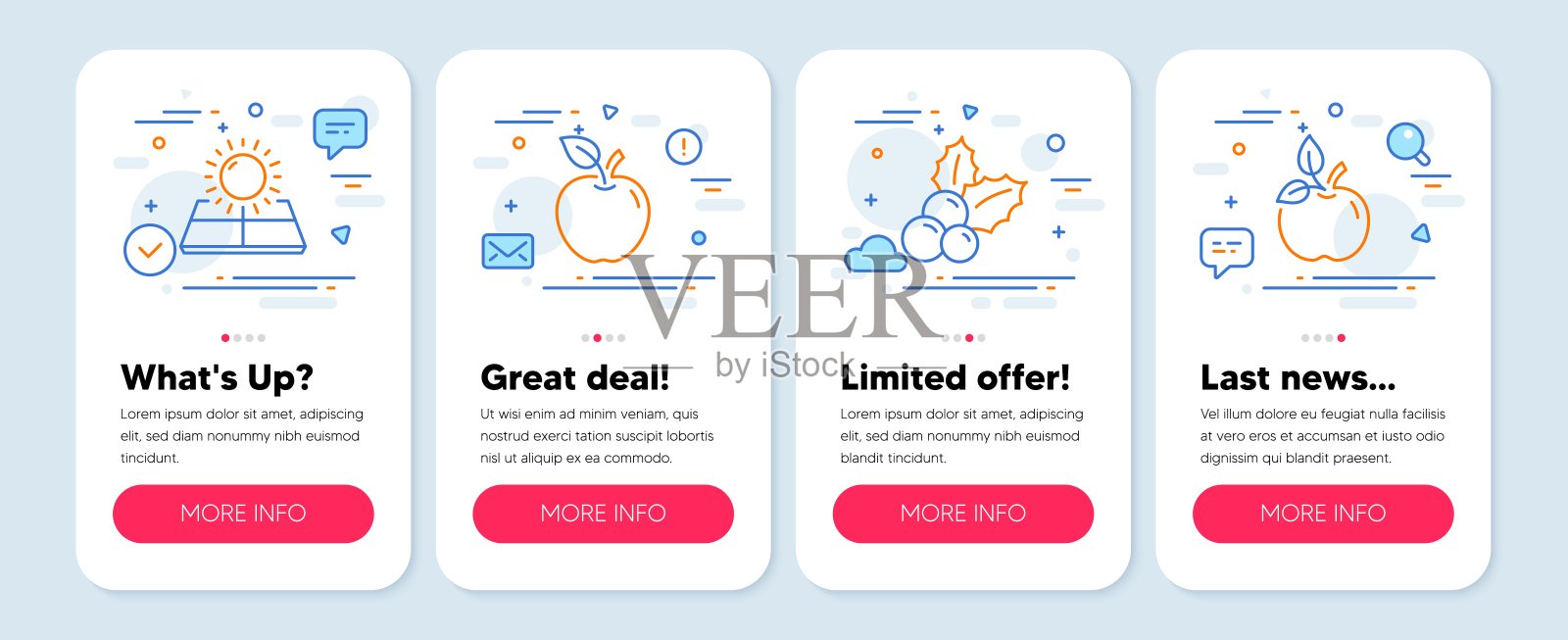 一组自然图标，如圣诞冬青，太阳能源，苹果符号。生态食品系列图标。向量插画图片素材