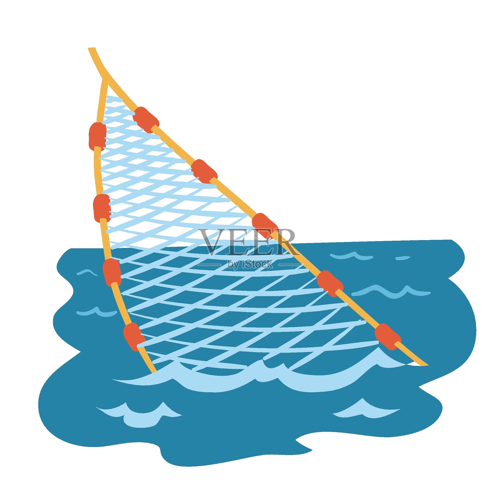 废弃在海里的渔网，卡通插图，白色背景上的孤立物体，矢量插图，插画图片素材