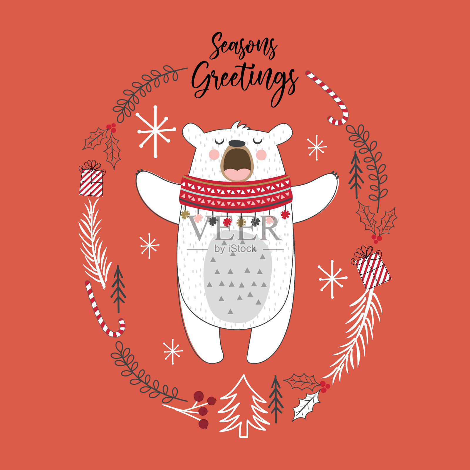 可爱的熊与涂鸦花环在红色的背景，矢量插图插画图片素材