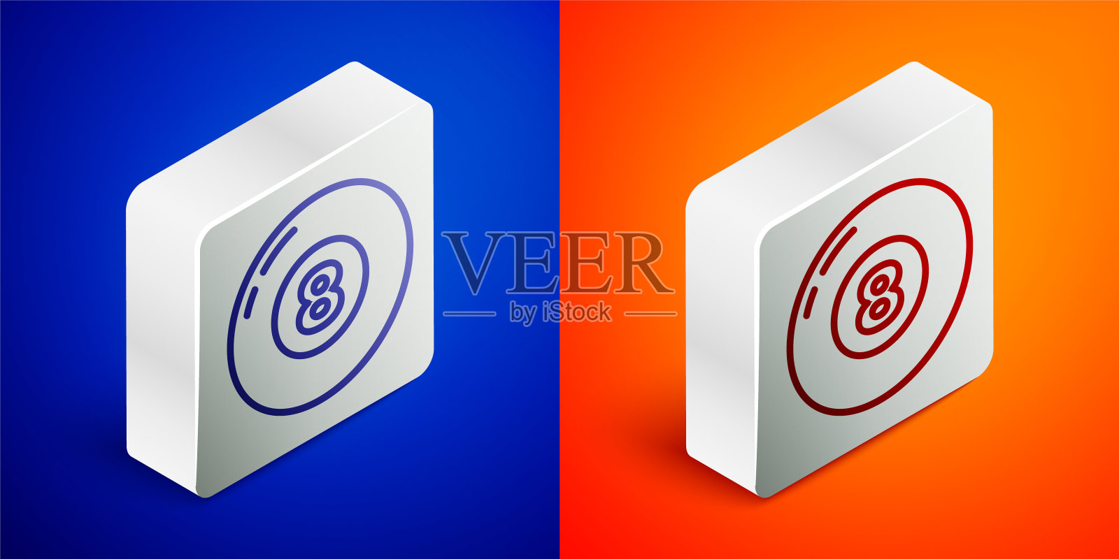 等距线台球池斯诺克球图标孤立在蓝色和橙色的背景。银广场按钮。向量图标素材