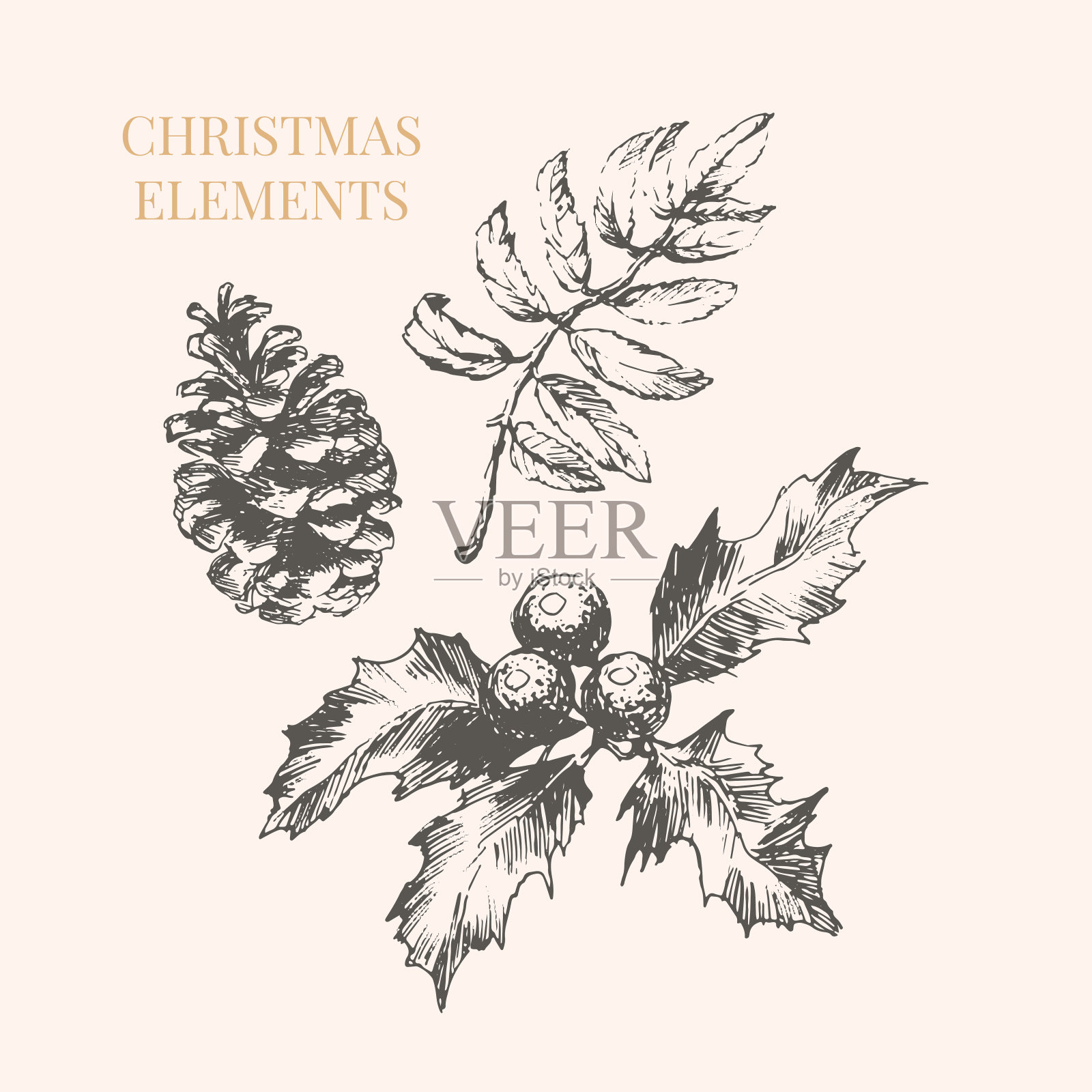 用于庆祝装饰设计的卡通圣诞节元素。复古矢量图。矢量图形元素。圣诞快乐卡片。节日套装已隔离。新年插画图片素材